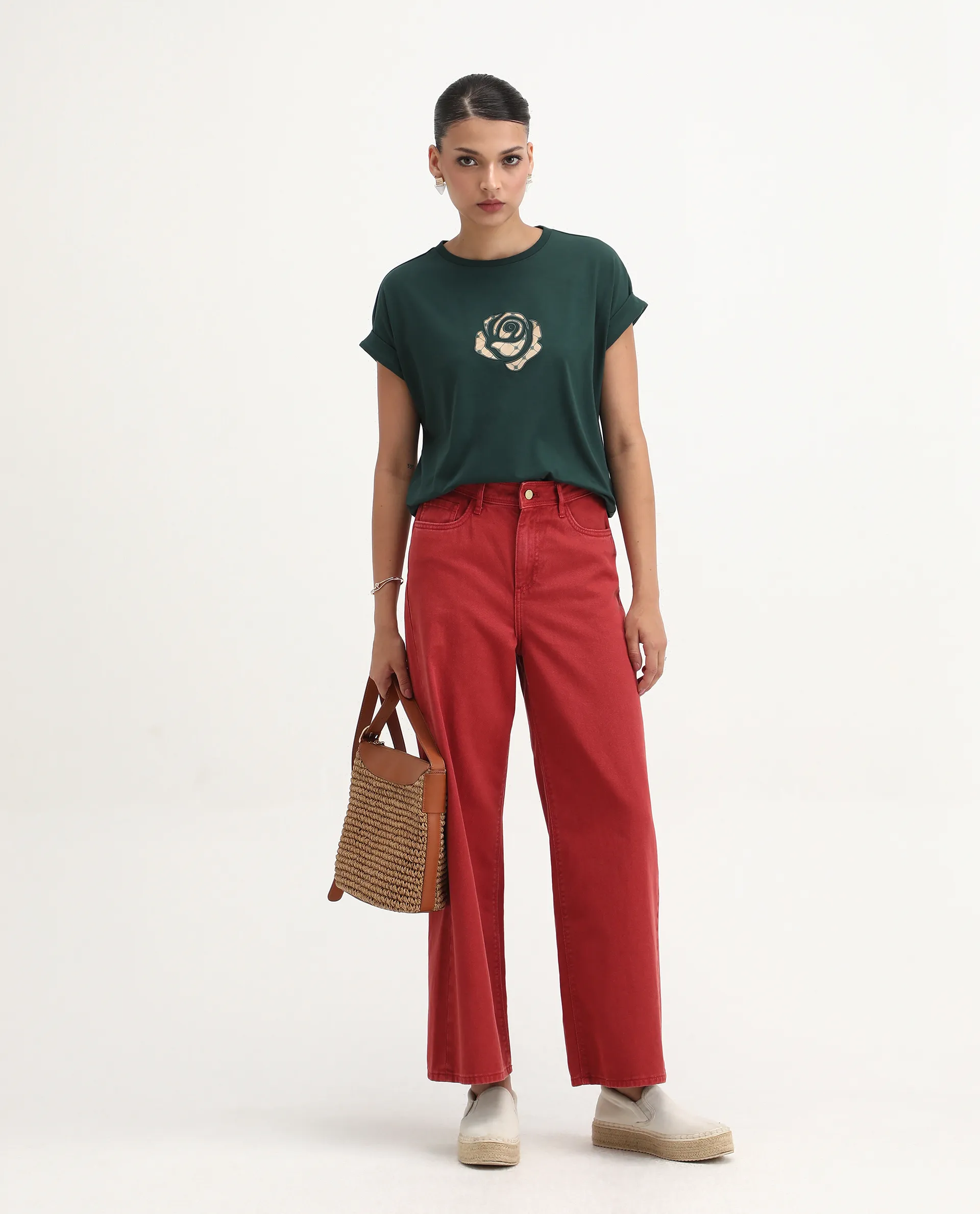 Rareism Women's Wrea Dark Green Cotton Blend Crew Neck Relaxed Fit T-Shirt - Image 2
