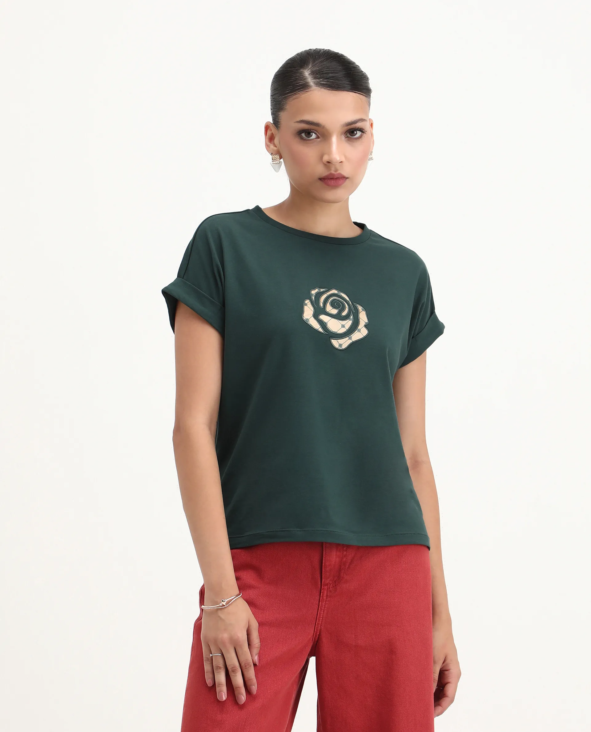 Rareism Women's Wrea Dark Green Cotton Blend Crew Neck Relaxed Fit T-Shirt - Image 3