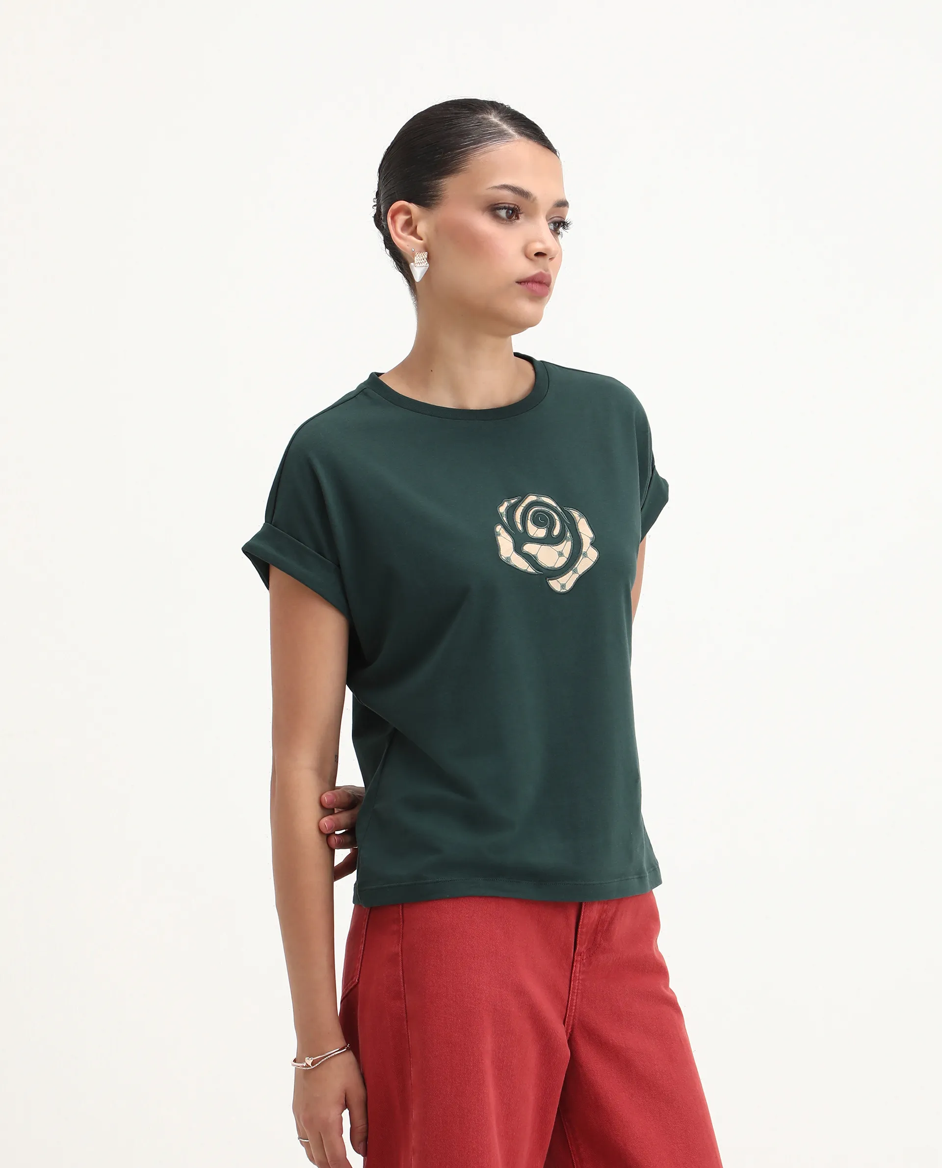 Rareism Women's Wrea Dark Green Cotton Blend Crew Neck Relaxed Fit T-Shirt - Image 5