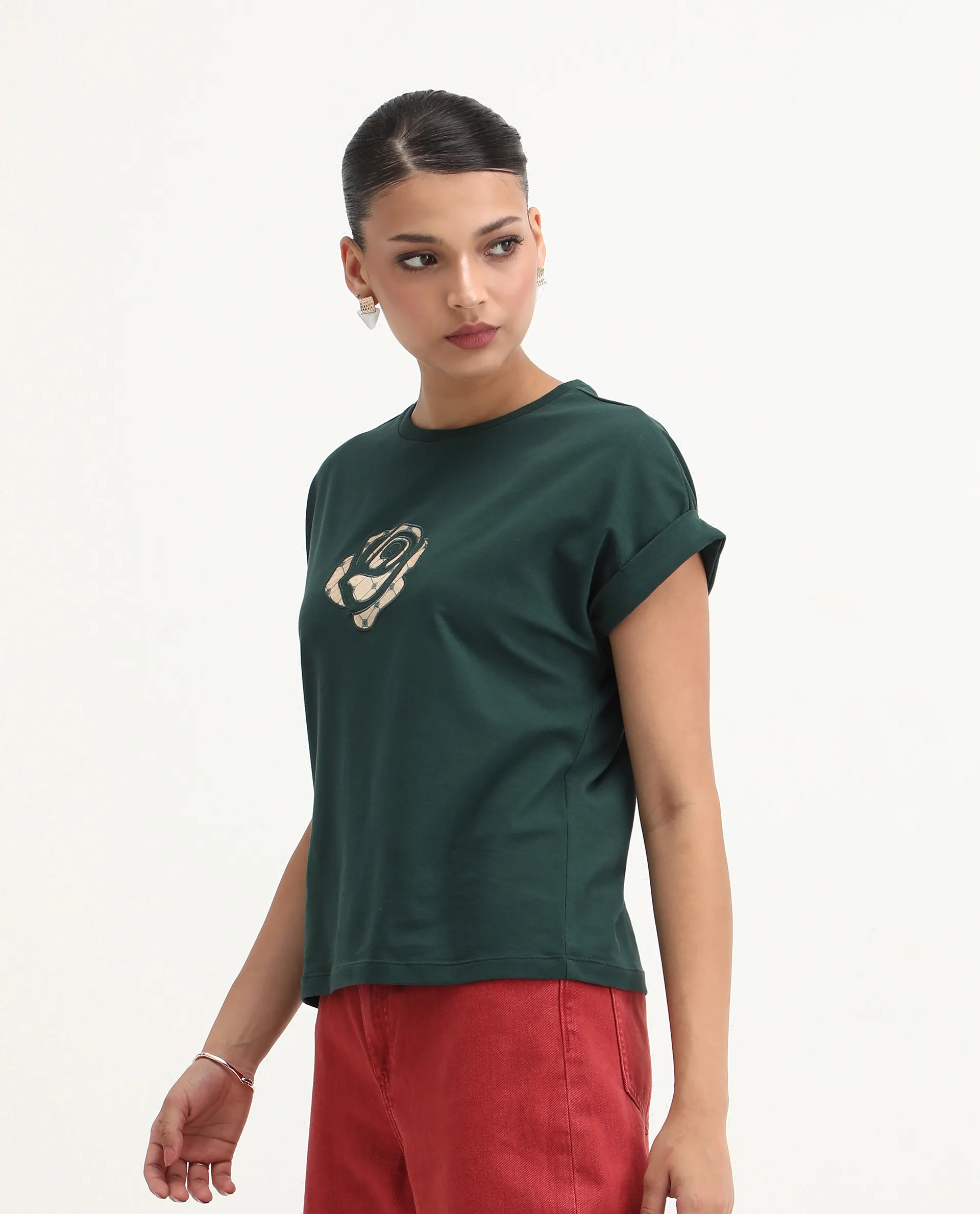 Rareism Women's Wrea Dark Green Cotton Blend Crew Neck Relaxed Fit T-Shirt - Image 6