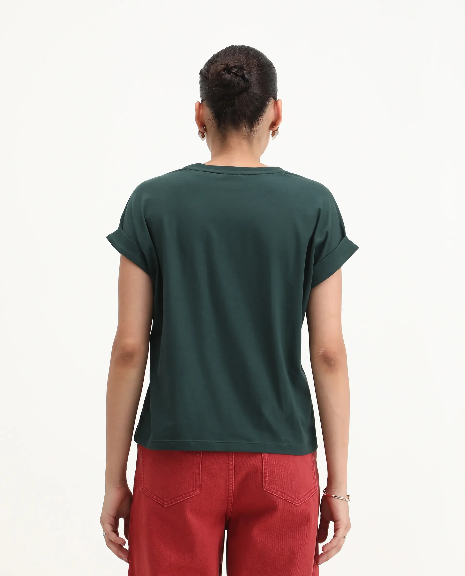 Rareism Women's Wrea Dark Green Cotton Blend Crew Neck Relaxed Fit T-Shirt - Image 7