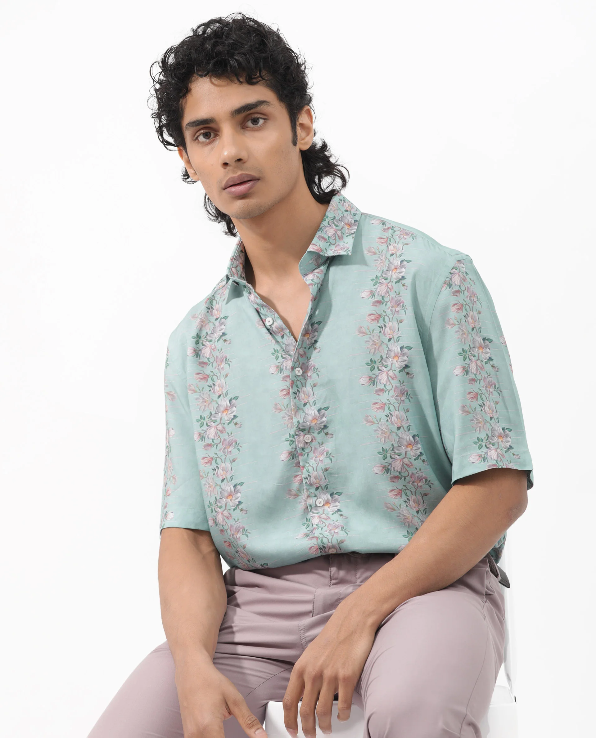 Rare Rabbit Men's Wreath Turq Viscose Floral Print Boxy Fit Half Sleeve Collared Shirt - Image 10