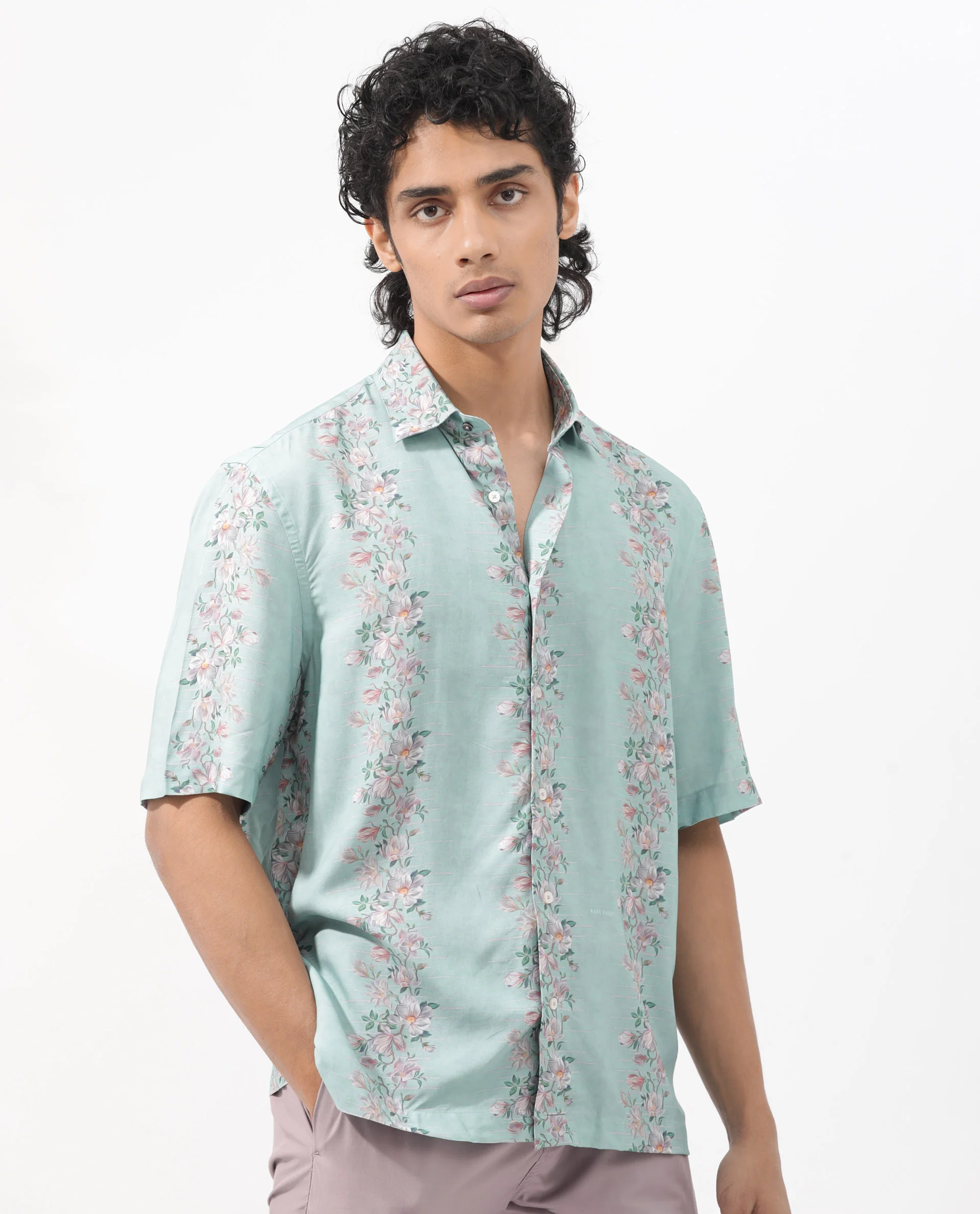 Rare Rabbit Men's Wreath Turq Viscose Floral Print Boxy Fit Half Sleeve Collared Shirt - Image 11