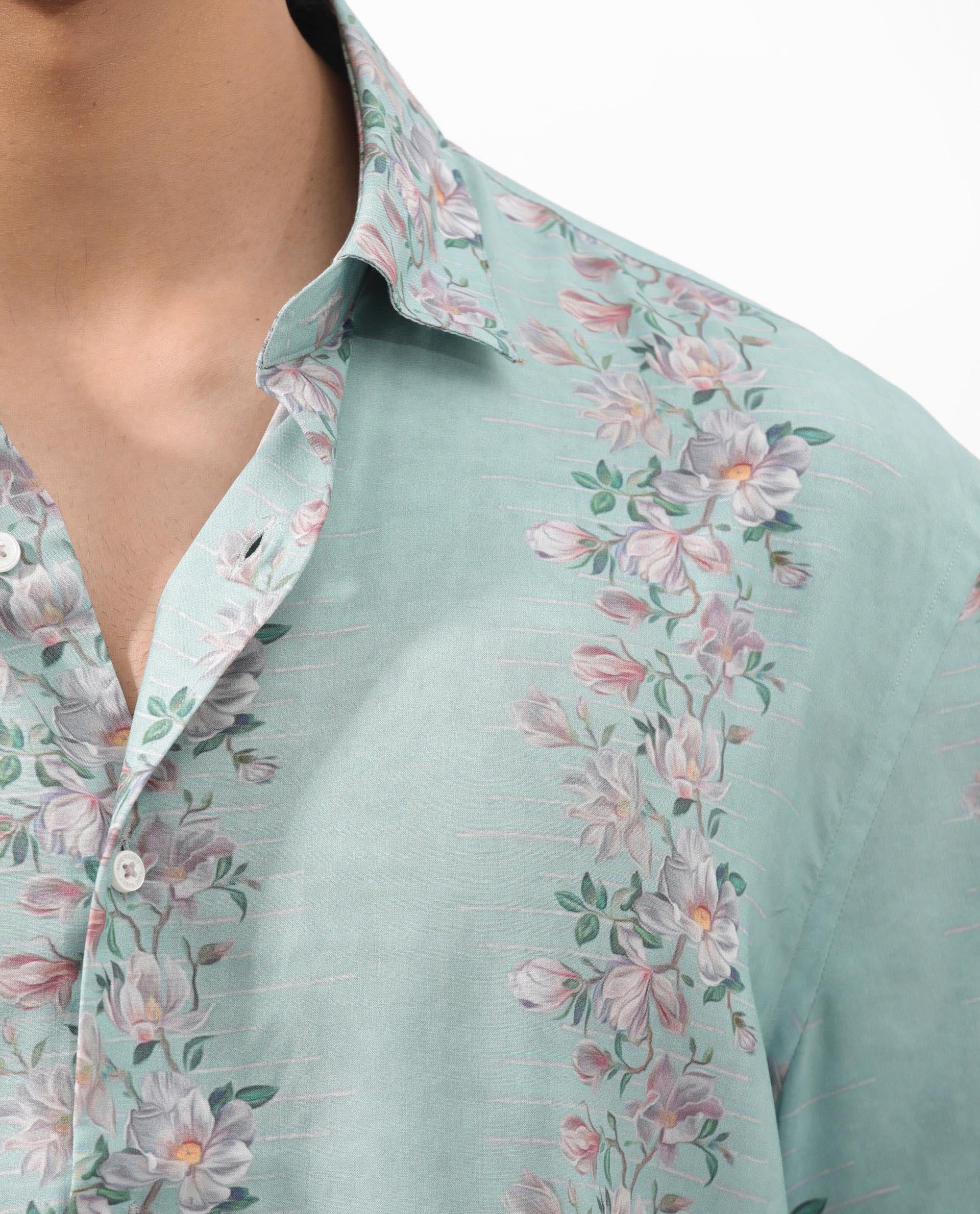 Rare Rabbit Men's Wreath Turq Viscose Floral Print Boxy Fit Half Sleeve Collared Shirt - Image 3