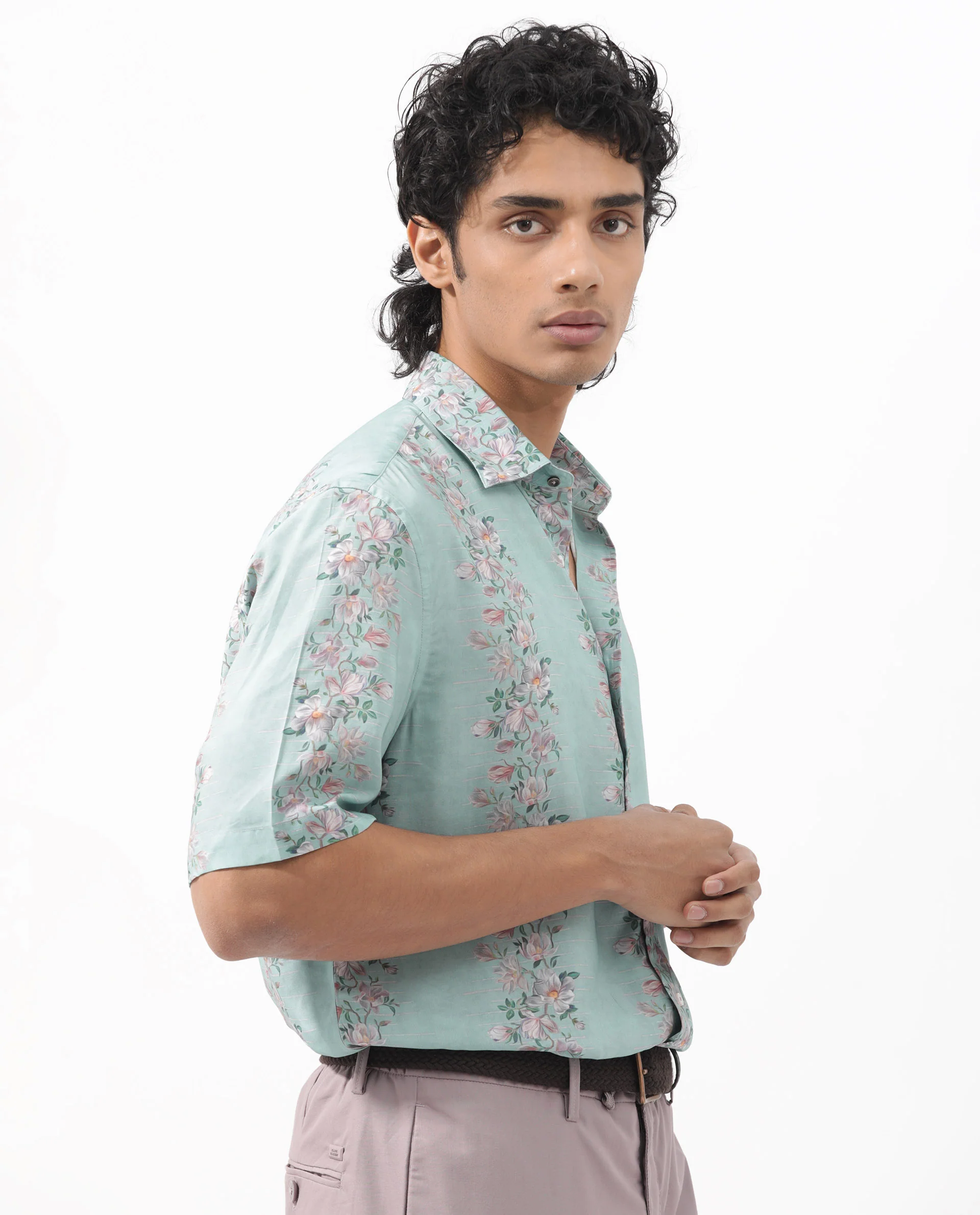 Rare Rabbit Men's Wreath Turq Viscose Floral Print Boxy Fit Half Sleeve Collared Shirt - Image 5