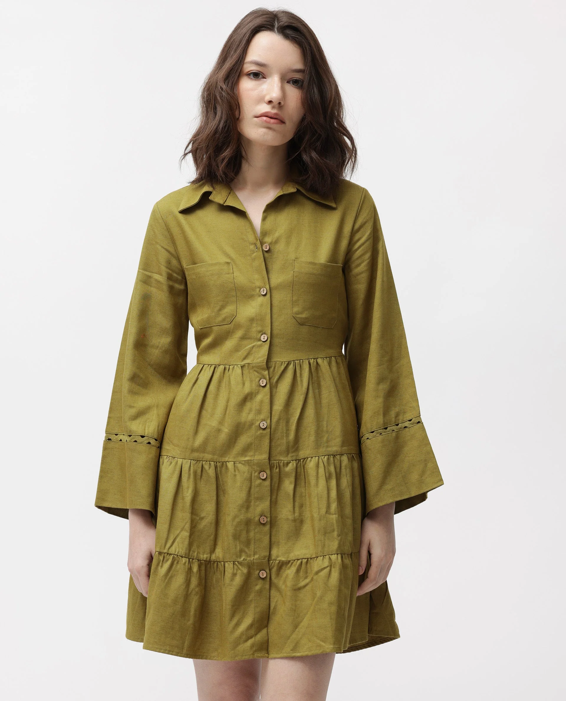 Rareism Women's Wyatt Green Cotton Blend Spread Collar Plain Bell Sleeve Mini Regular Fit Dress - Image 2