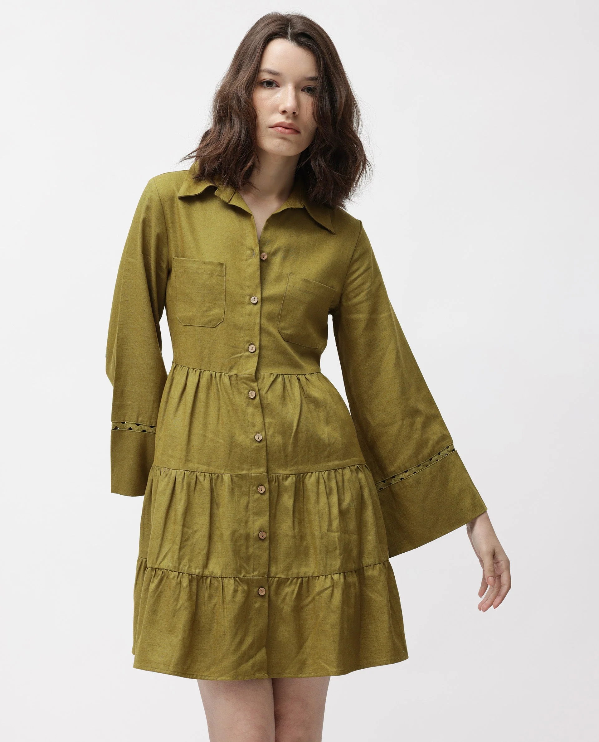 Rareism Women's Wyatt Green Cotton Blend Spread Collar Plain Bell Sleeve Mini Regular Fit Dress - Image 3