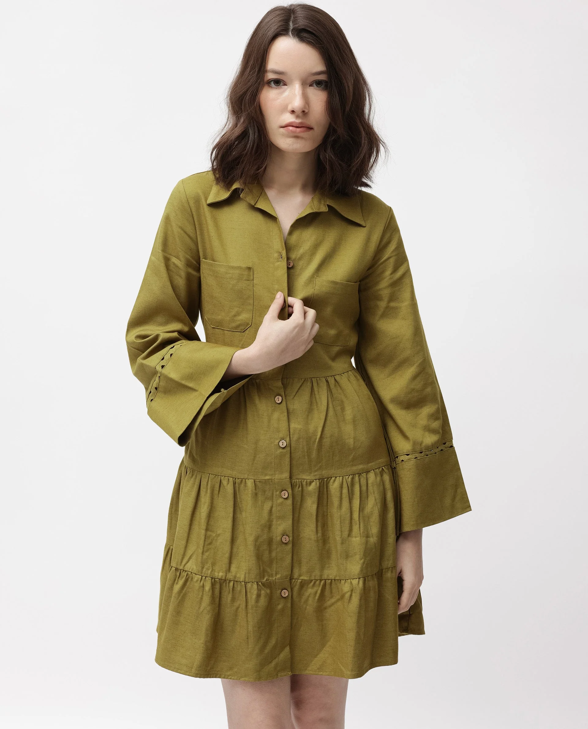 Rareism Women's Wyatt Green Cotton Blend Spread Collar Plain Bell Sleeve Mini Regular Fit Dress - Image 5