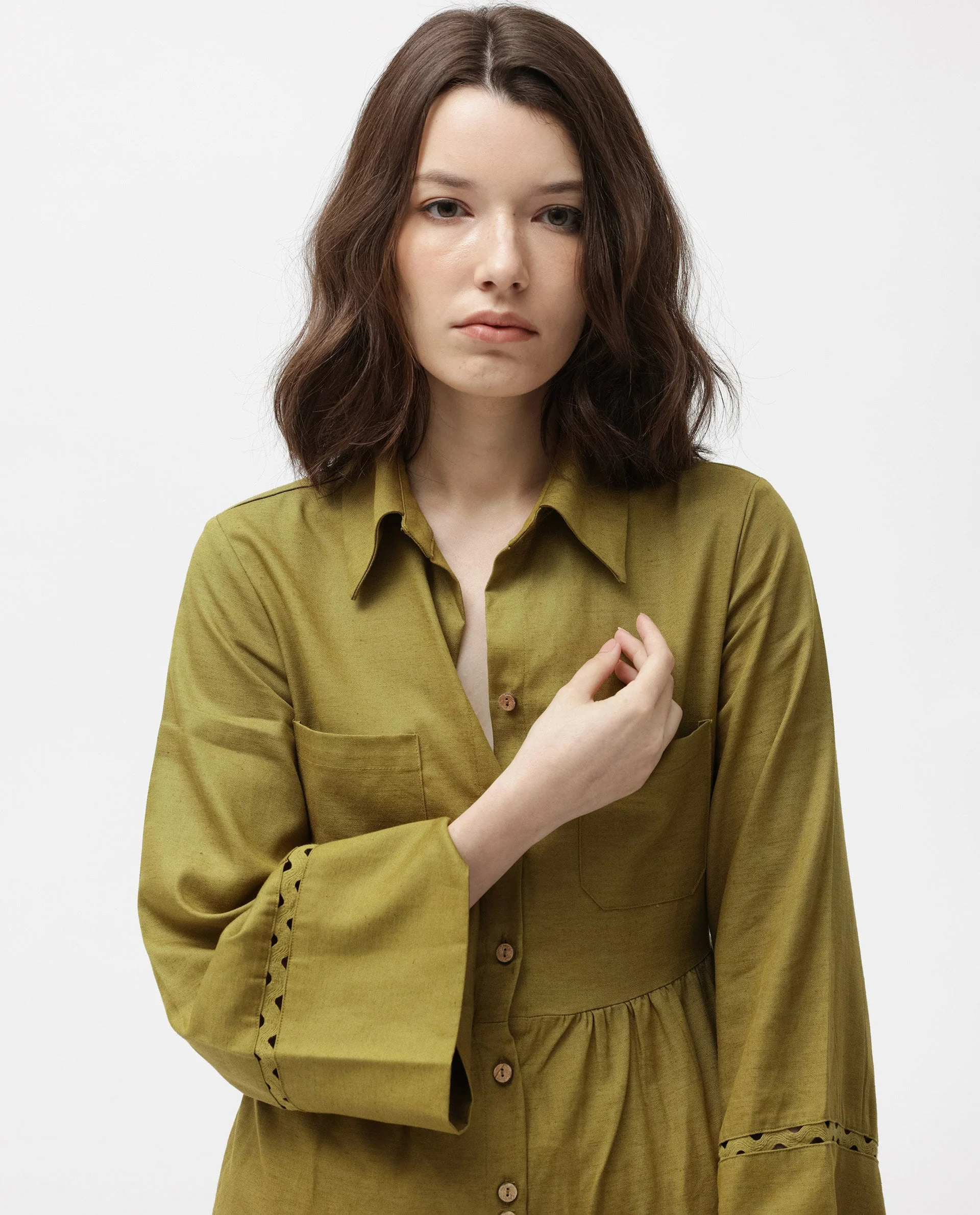 Rareism Women's Wyatt Green Cotton Blend Spread Collar Plain Bell Sleeve Mini Regular Fit Dress - Image 6