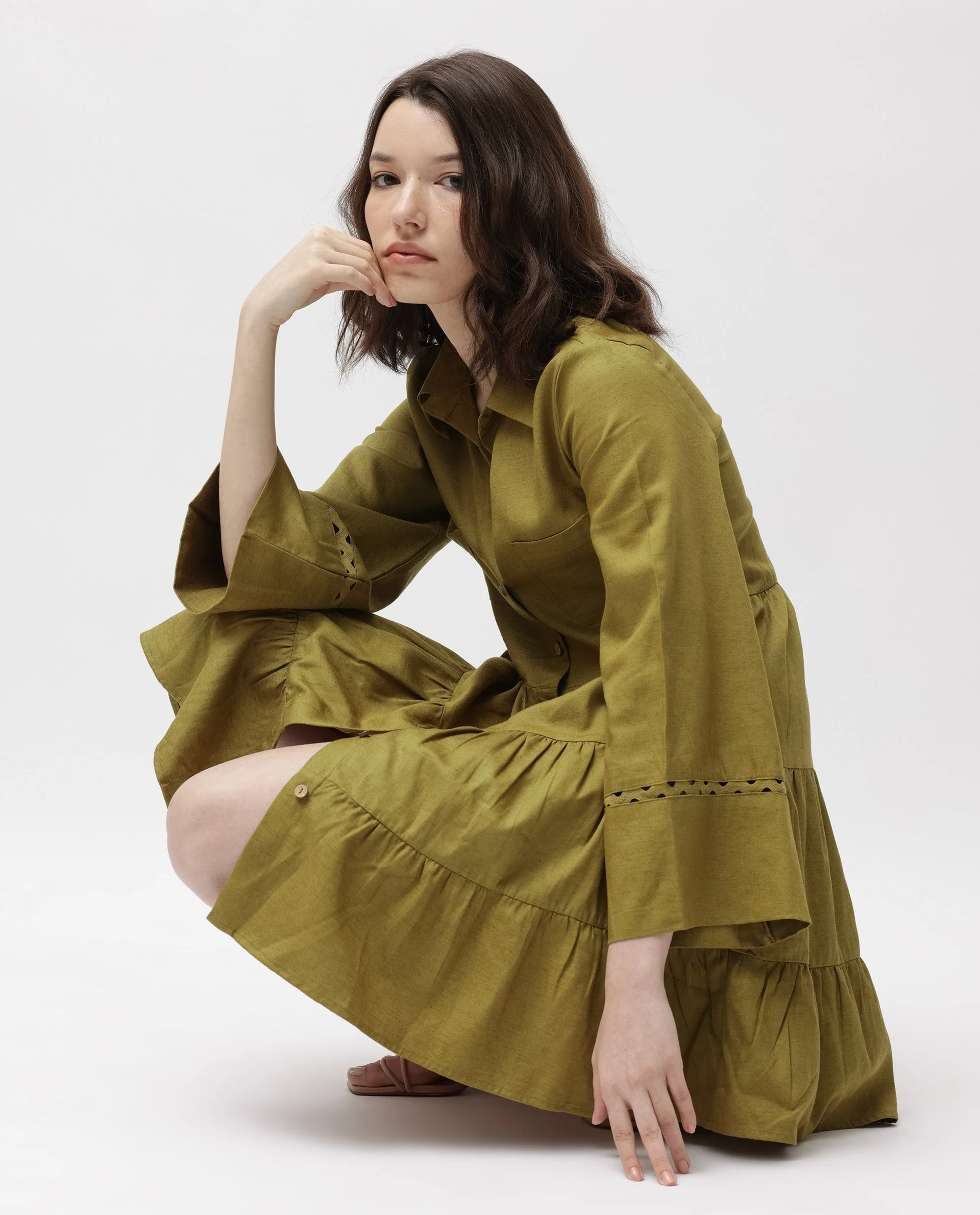 Rareism Women's Wyatt Green Cotton Blend Spread Collar Plain Bell Sleeve Mini Regular Fit Dress - Image 7