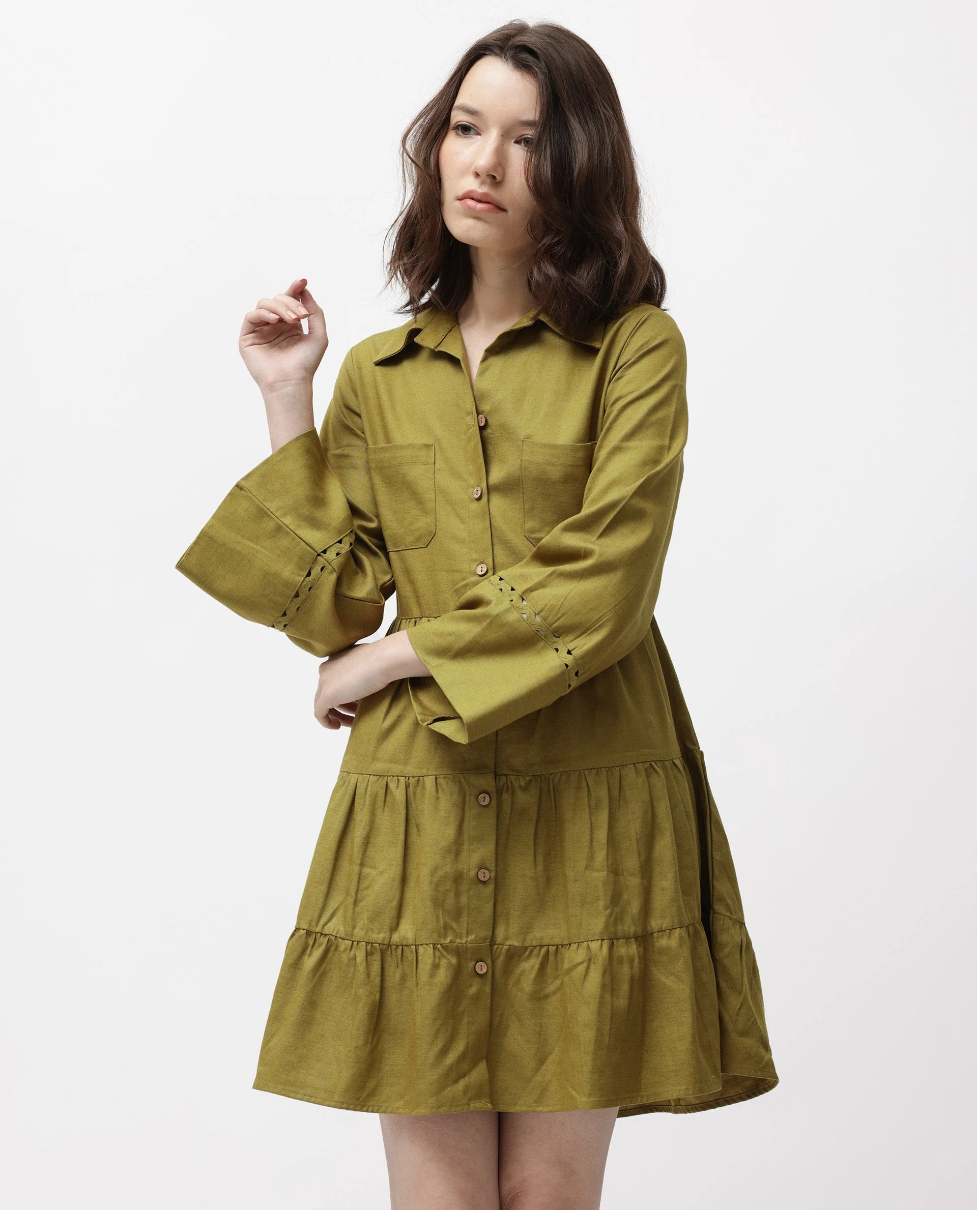 Rareism Women's Wyatt Green Cotton Blend Spread Collar Plain Bell Sleeve Mini Regular Fit Dress - Image 8