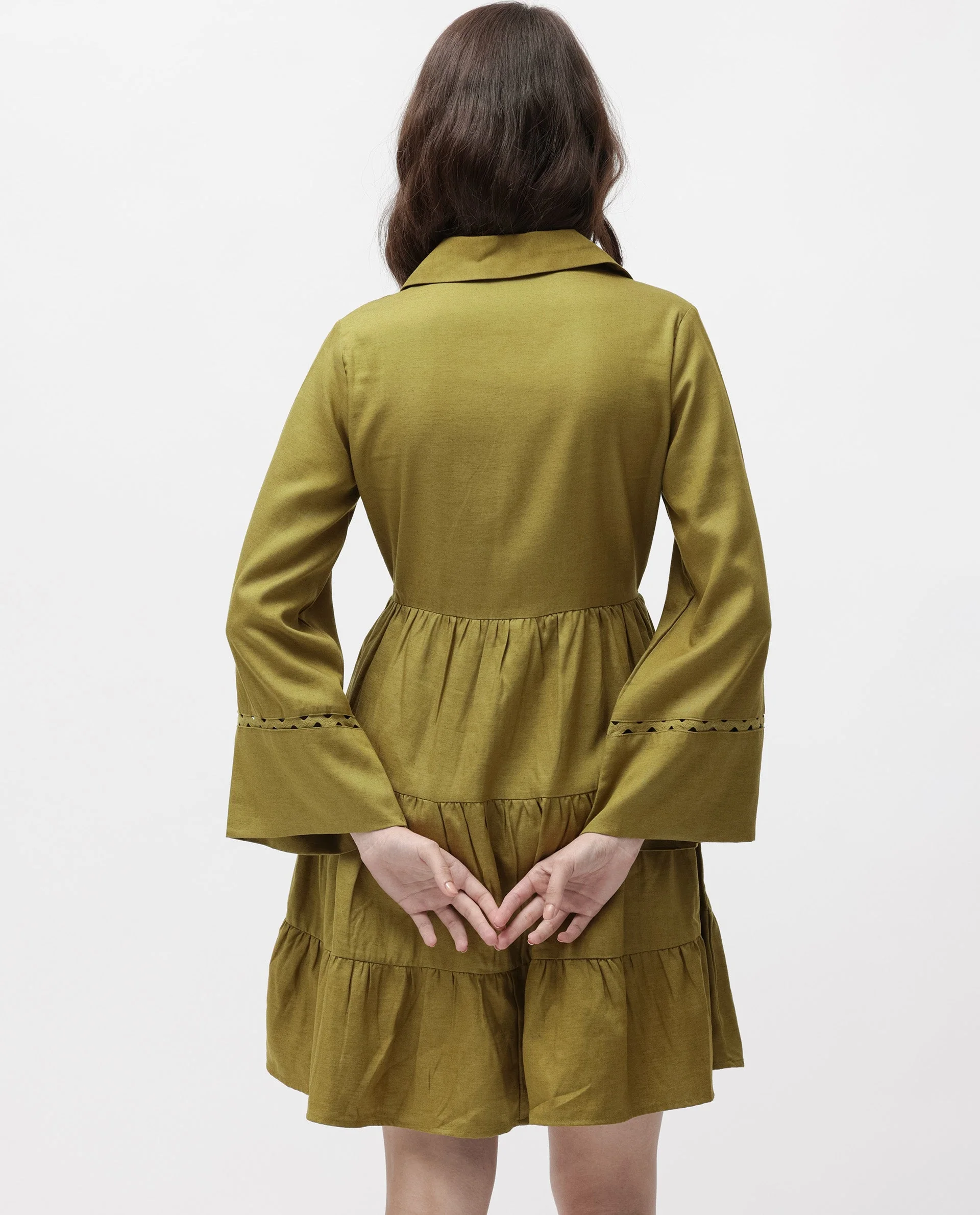 Rareism Women's Wyatt Green Cotton Blend Spread Collar Plain Bell Sleeve Mini Regular Fit Dress - Image 9