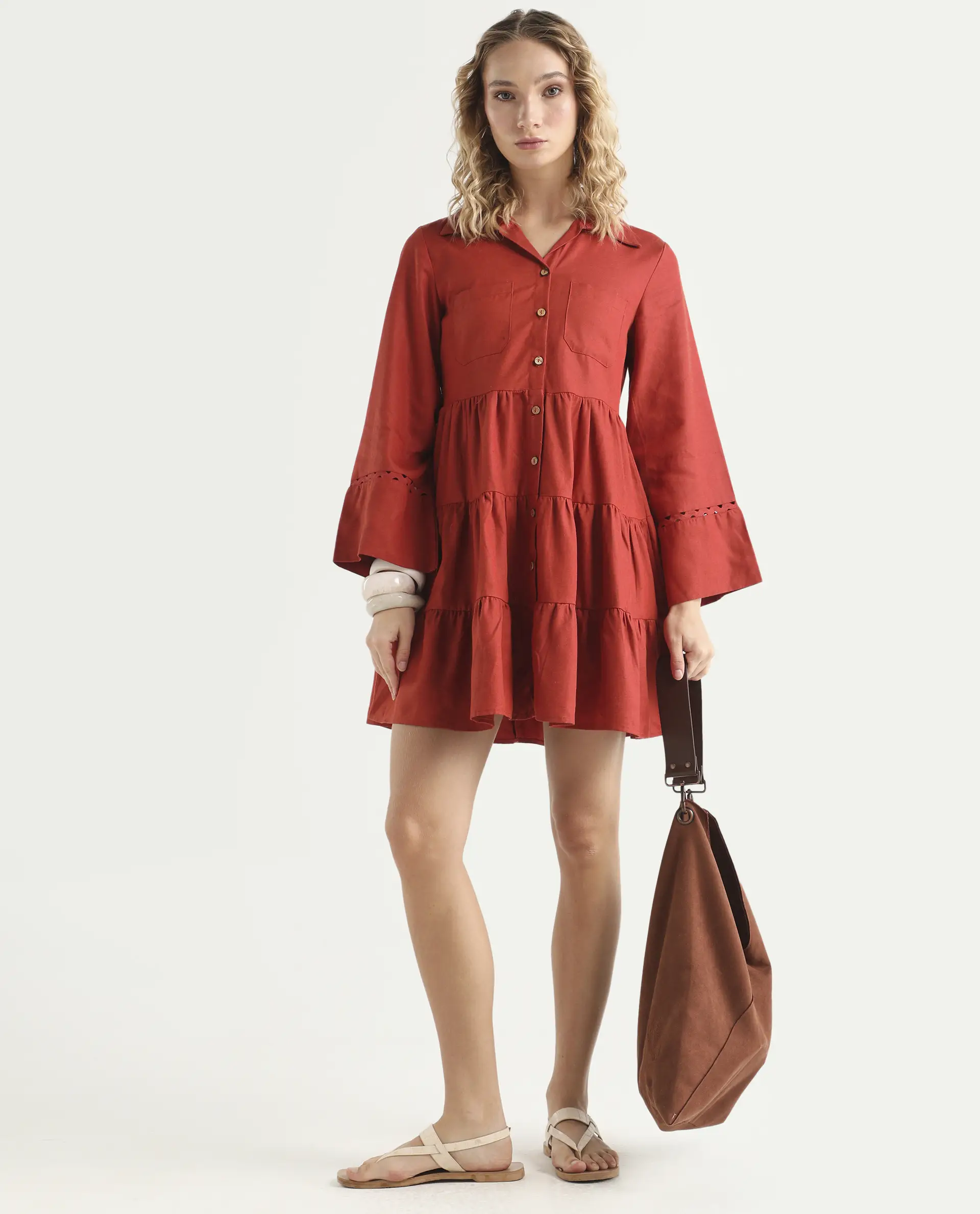 Rareism Women's Wyatt Rust Cotton Blend Spread Collar Plain Bell Sleeve Mini Regular Fit Dress - Image 2