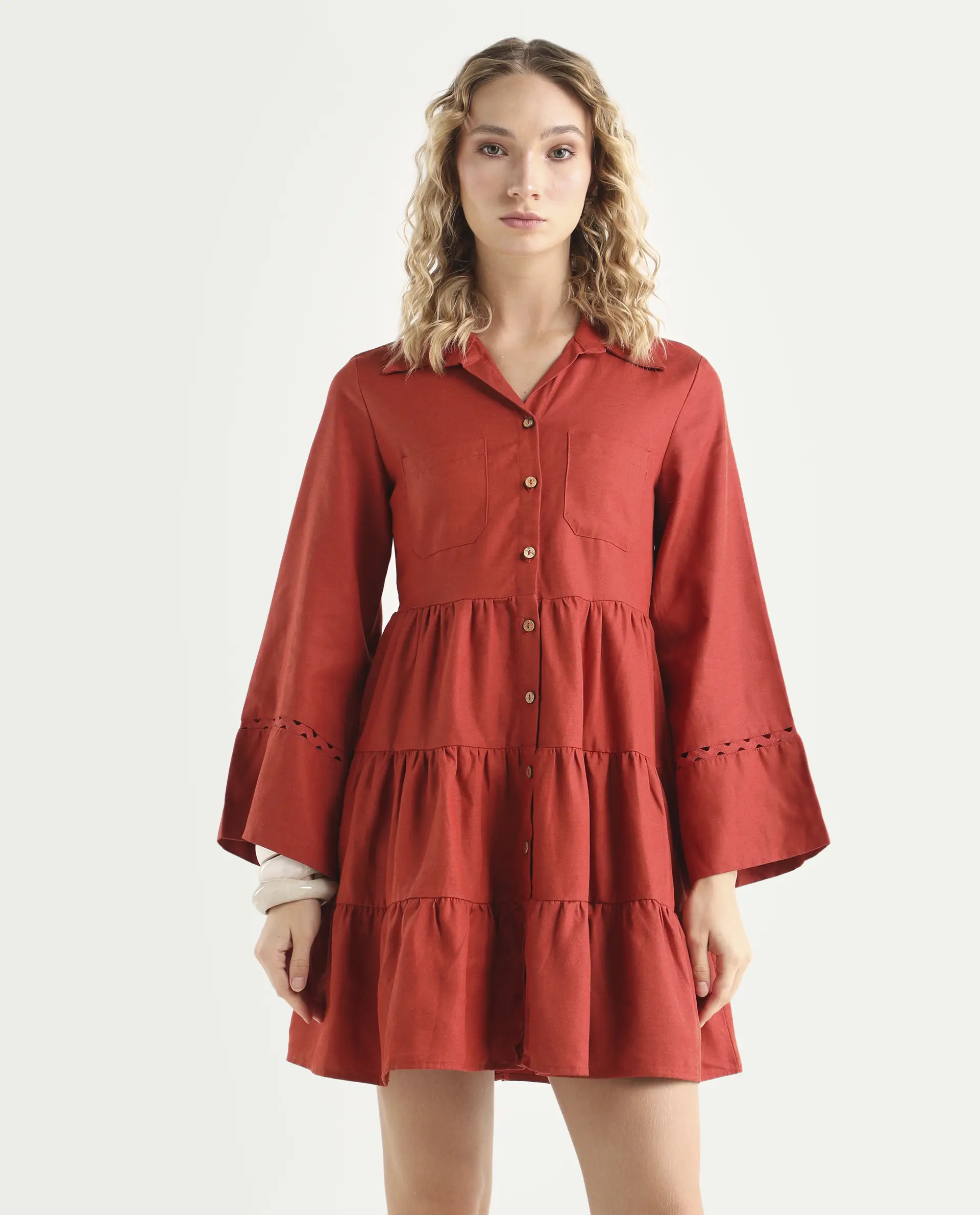 Rareism Women's Wyatt Rust Cotton Blend Spread Collar Plain Bell Sleeve Mini Regular Fit Dress - Image 3