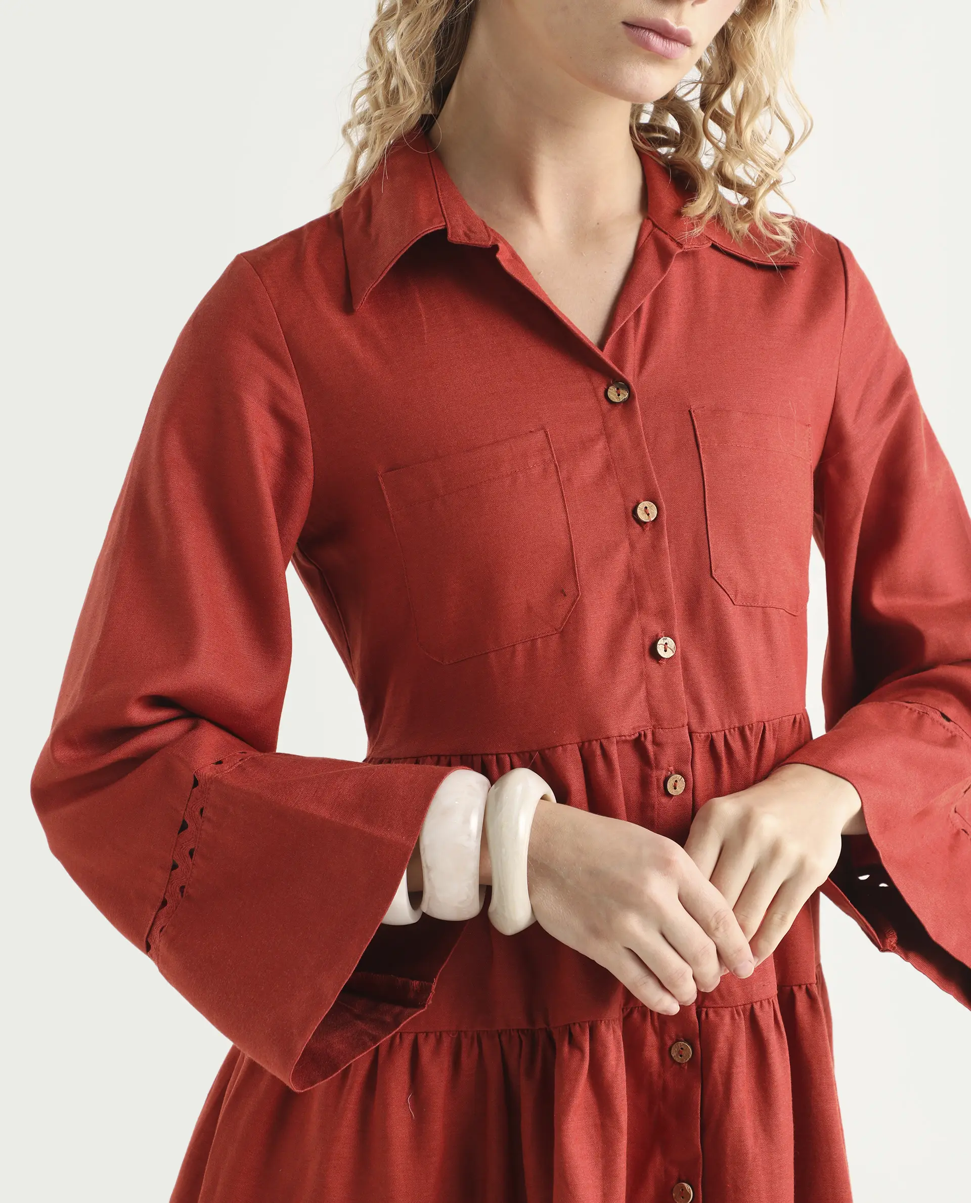 Rareism Women's Wyatt Rust Cotton Blend Spread Collar Plain Bell Sleeve Mini Regular Fit Dress - Image 4