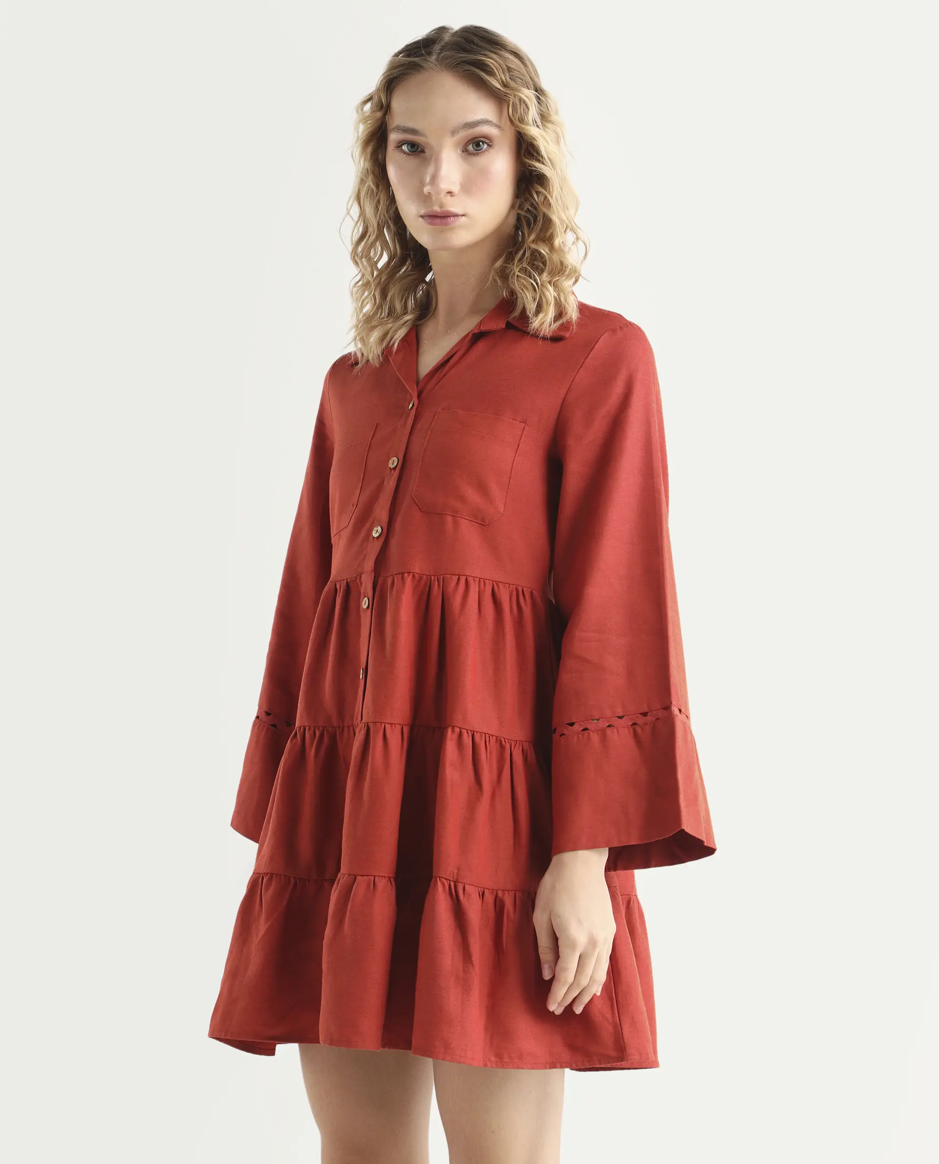 Rareism Women's Wyatt Rust Cotton Blend Spread Collar Plain Bell Sleeve Mini Regular Fit Dress - Image 5