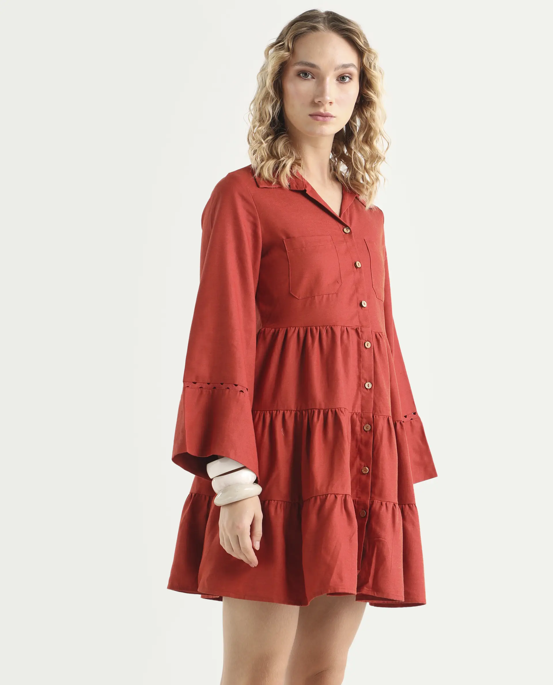 Rareism Women's Wyatt Rust Cotton Blend Spread Collar Plain Bell Sleeve Mini Regular Fit Dress - Image 6