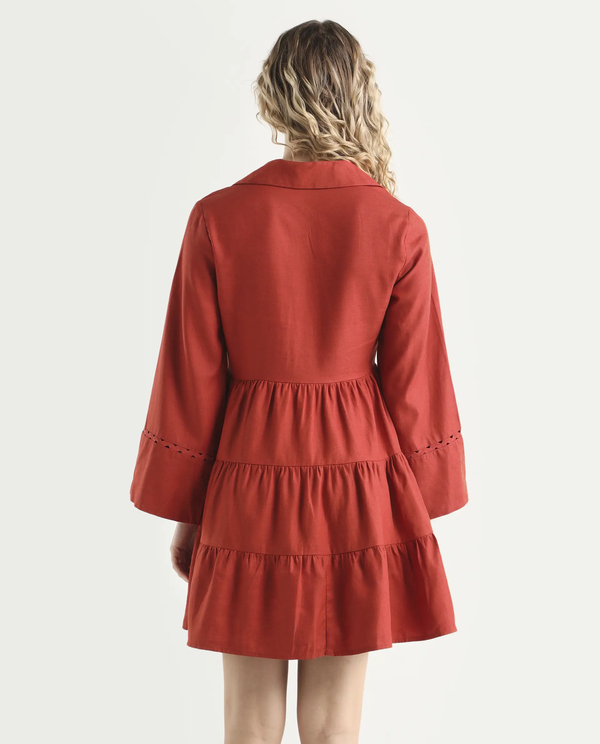 Rareism Women's Wyatt Rust Cotton Blend Spread Collar Plain Bell Sleeve Mini Regular Fit Dress - Image 7