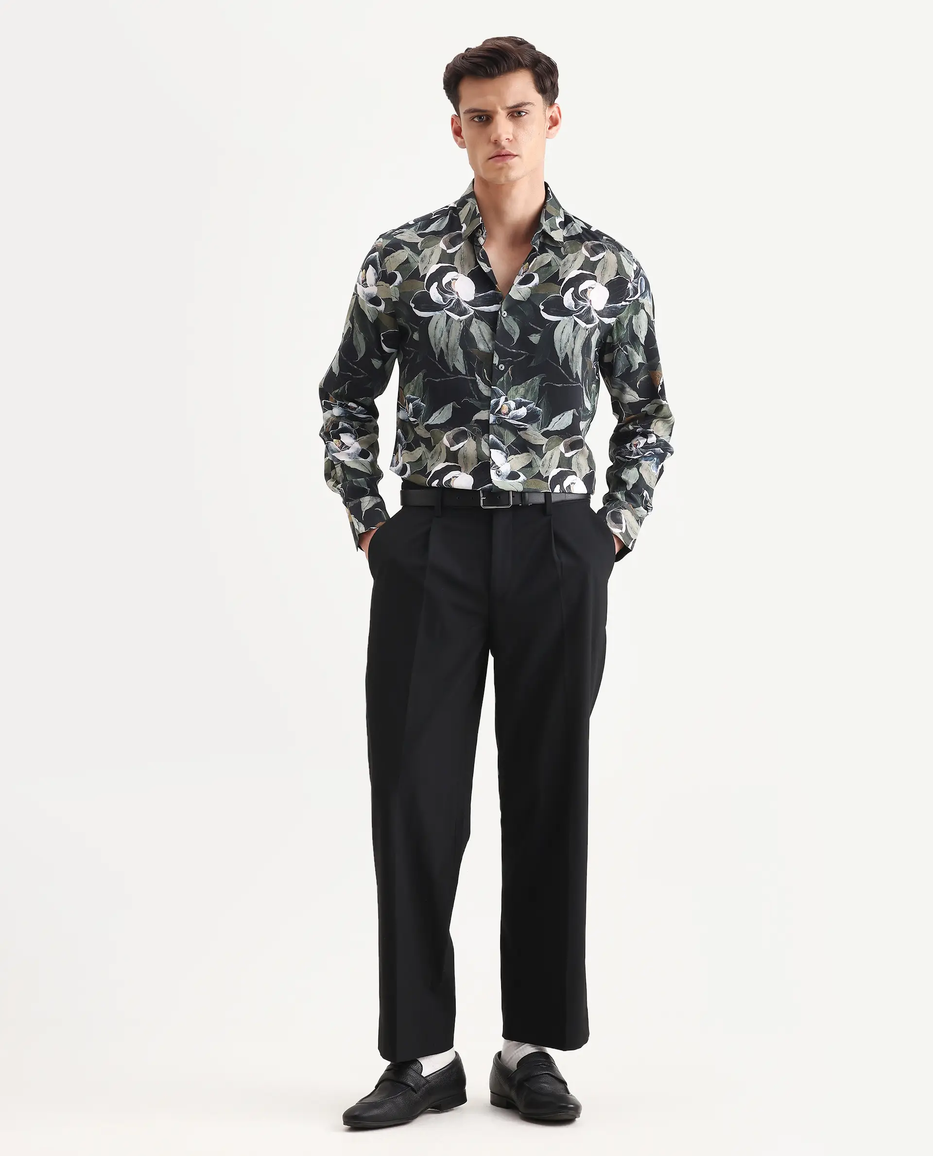 Rare Rabbit Men's Wyna Dark Green Viscose Fabric Collared Neck Regular Fit Floral Print Shirt - Image 2