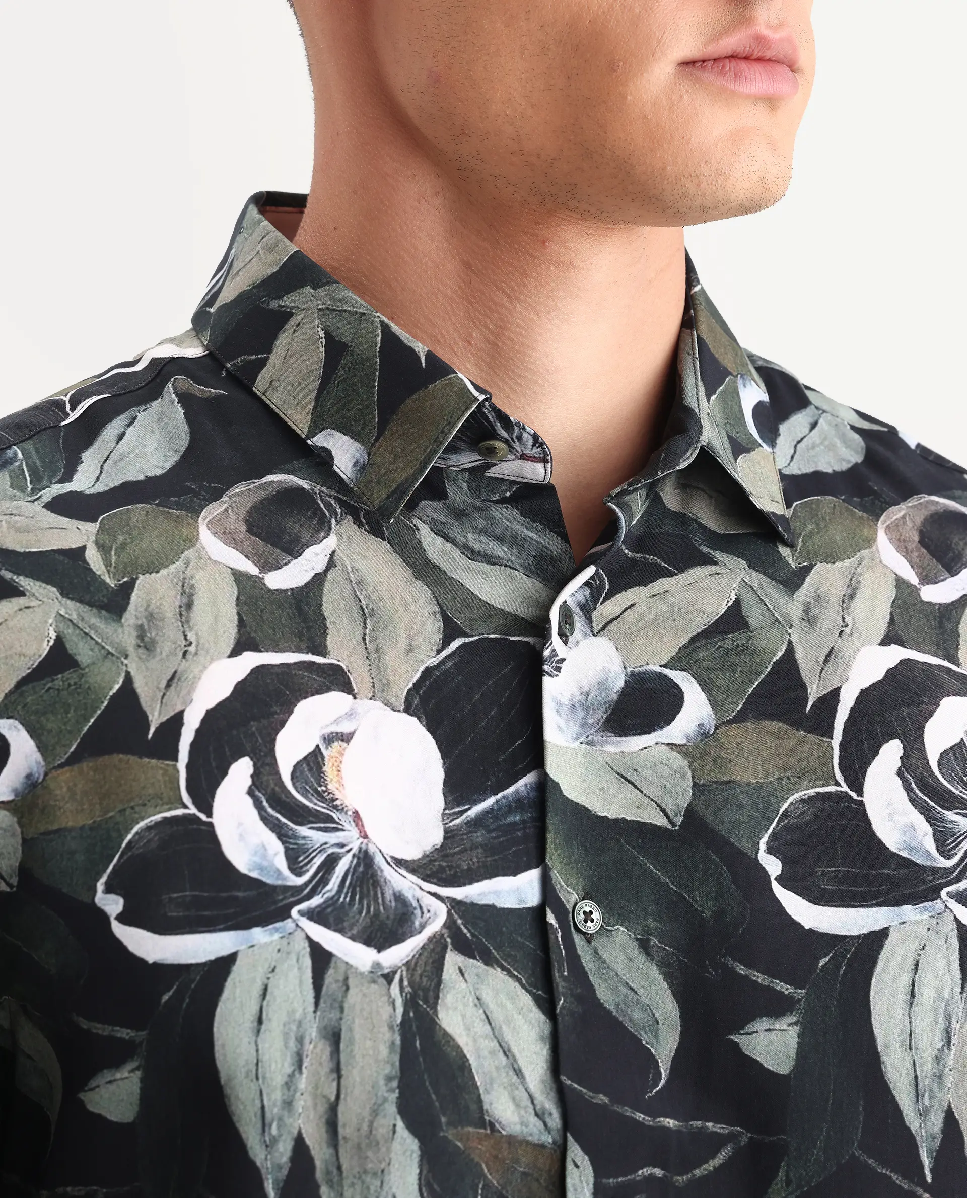 Rare Rabbit Men's Wyna Dark Green Viscose Fabric Collared Neck Regular Fit Floral Print Shirt - Image 3