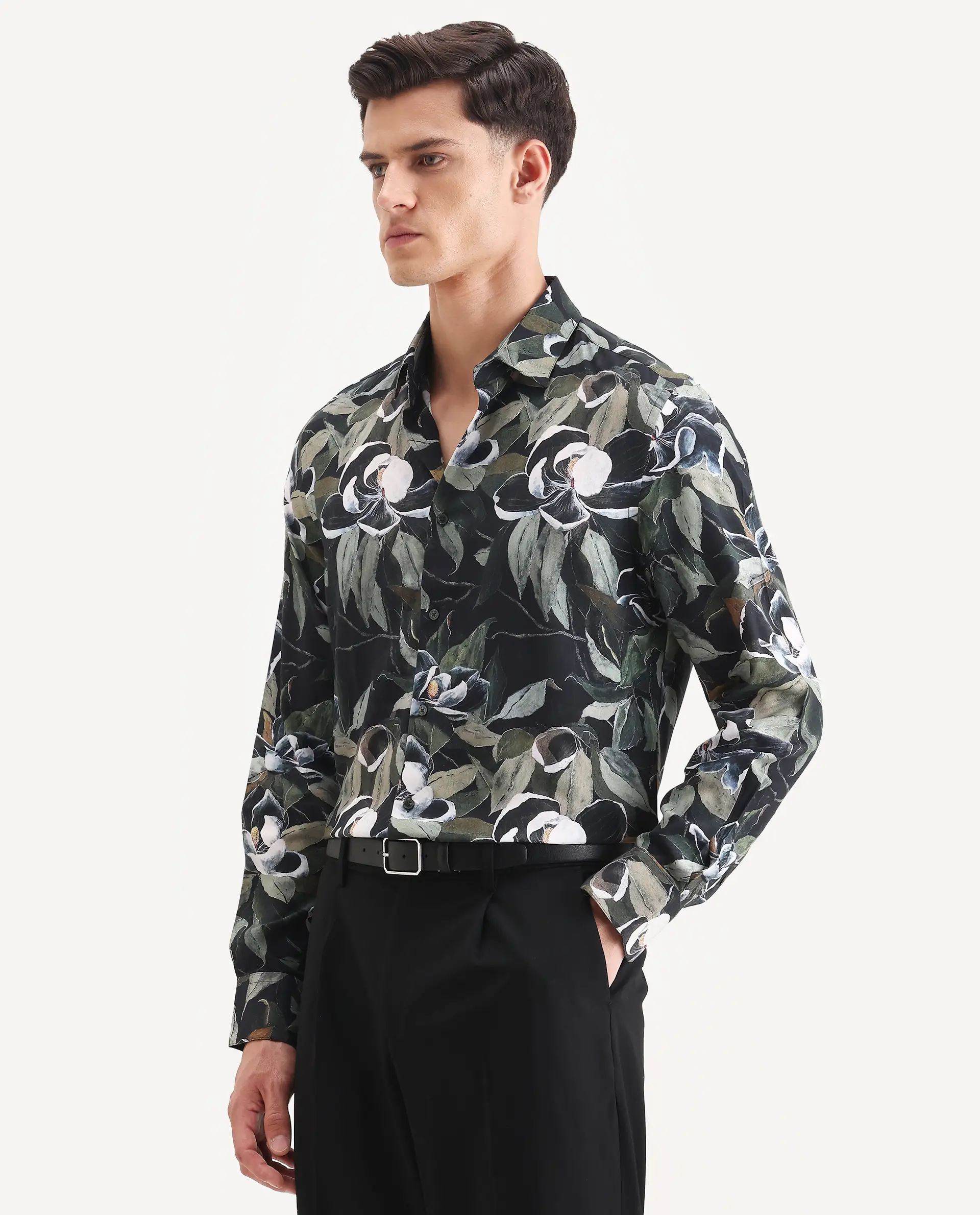 Rare Rabbit Men's Wyna Dark Green Viscose Fabric Collared Neck Regular Fit Floral Print Shirt - Image 4