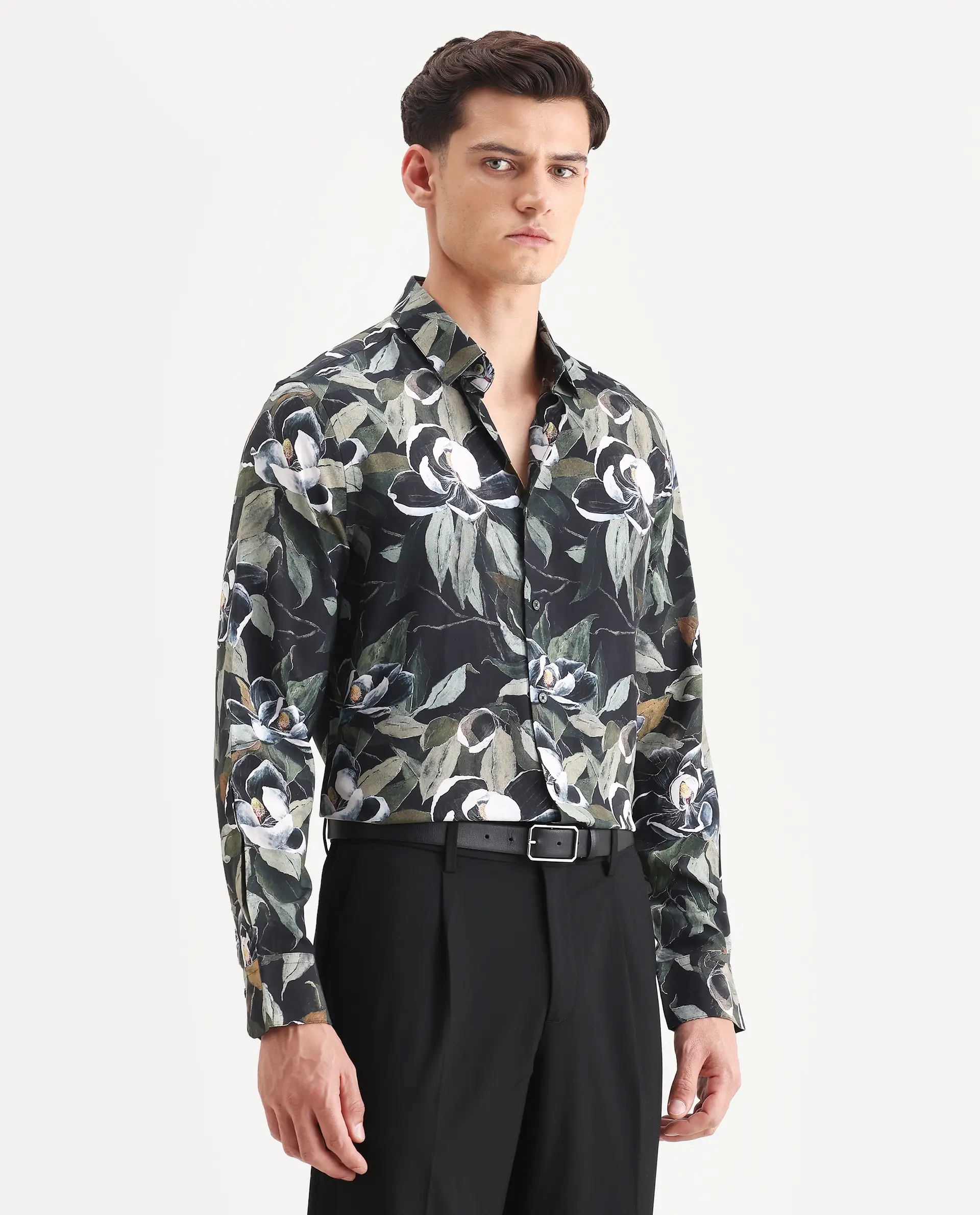 Rare Rabbit Men's Wyna Dark Green Viscose Fabric Collared Neck Regular Fit Floral Print Shirt - Image 5
