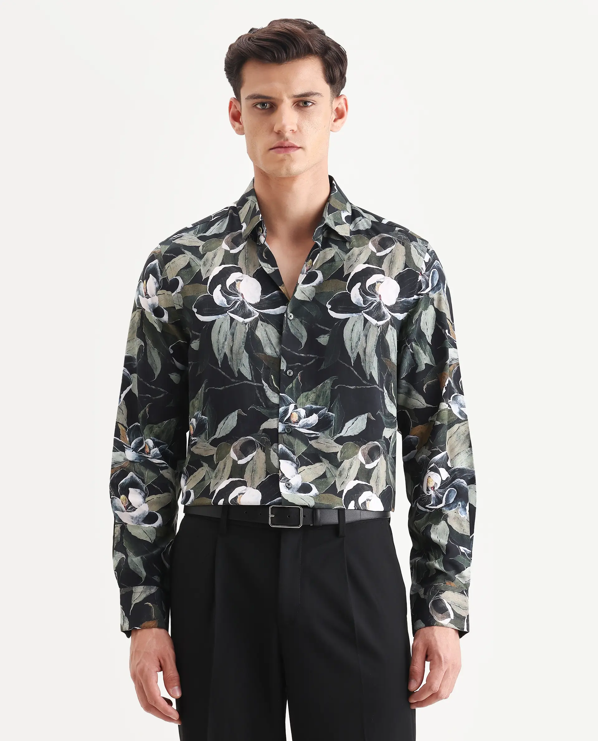 Rare Rabbit Men's Wyna Dark Green Viscose Fabric Collared Neck Regular Fit Floral Print Shirt - Image 6