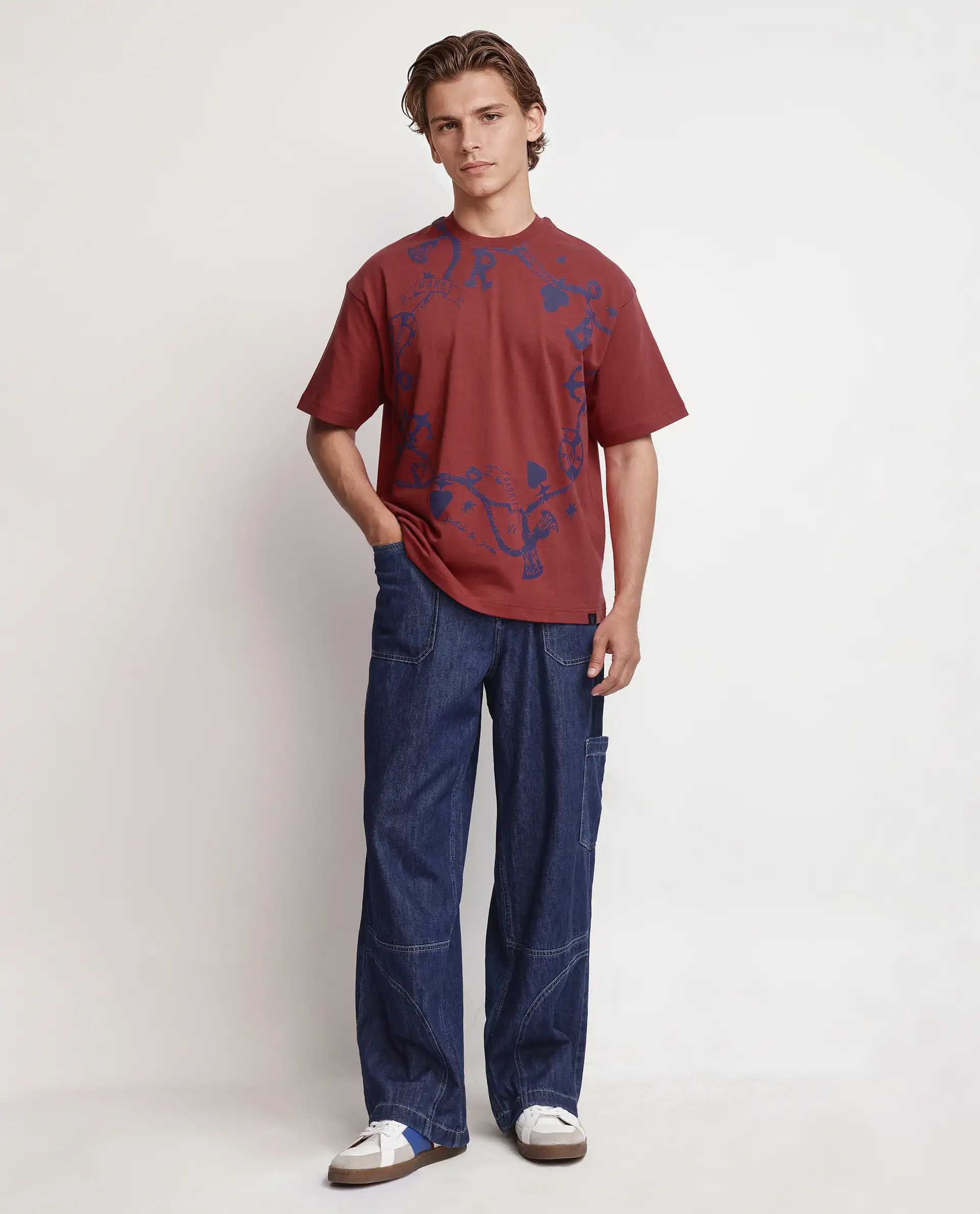 Rare Rabbit Men's Xab Pastel Red Cotton Graphic Print Oversized Fit Half Sleeve Crew Neck T-Shirt - Image 2