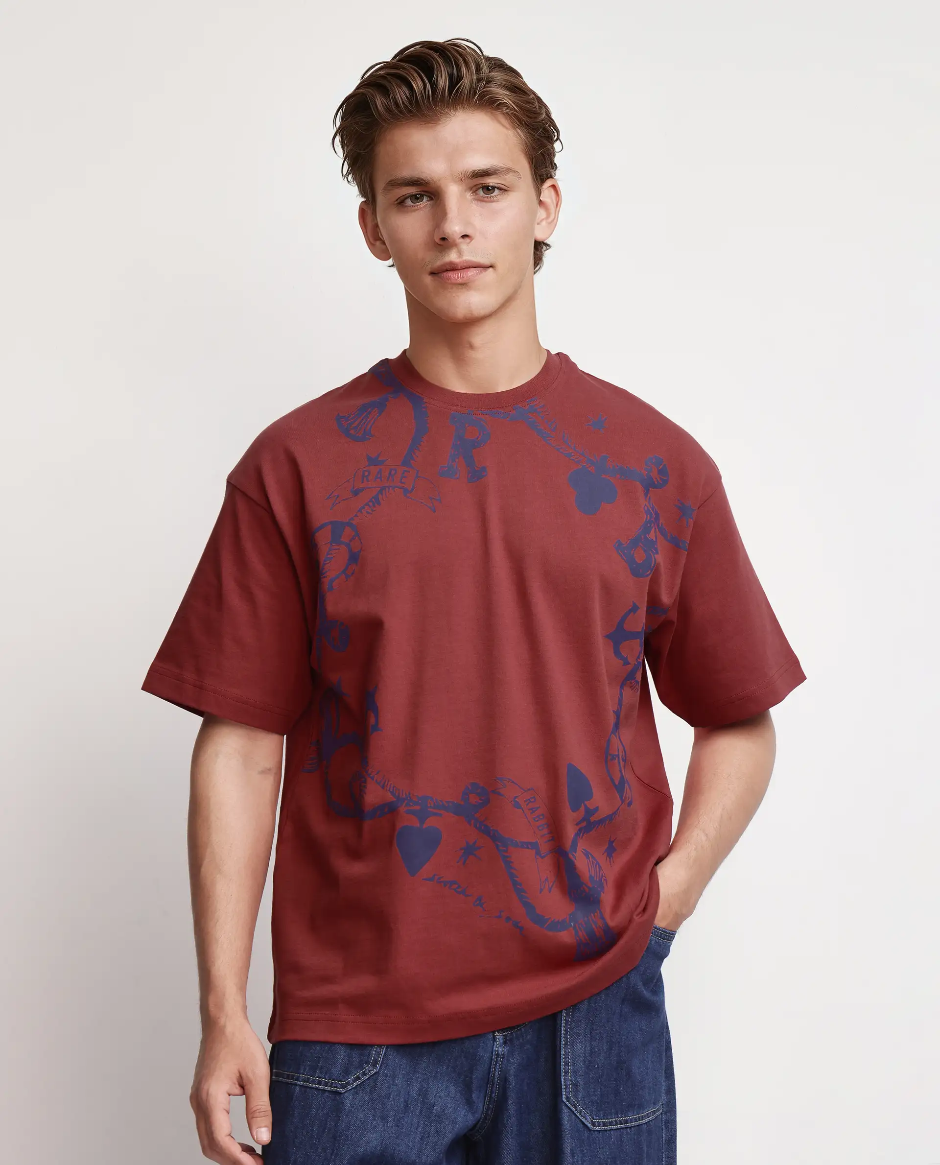 Rare Rabbit Men's Xab Pastel Red Cotton Graphic Print Oversized Fit Half Sleeve Crew Neck T-Shirt - Image 5