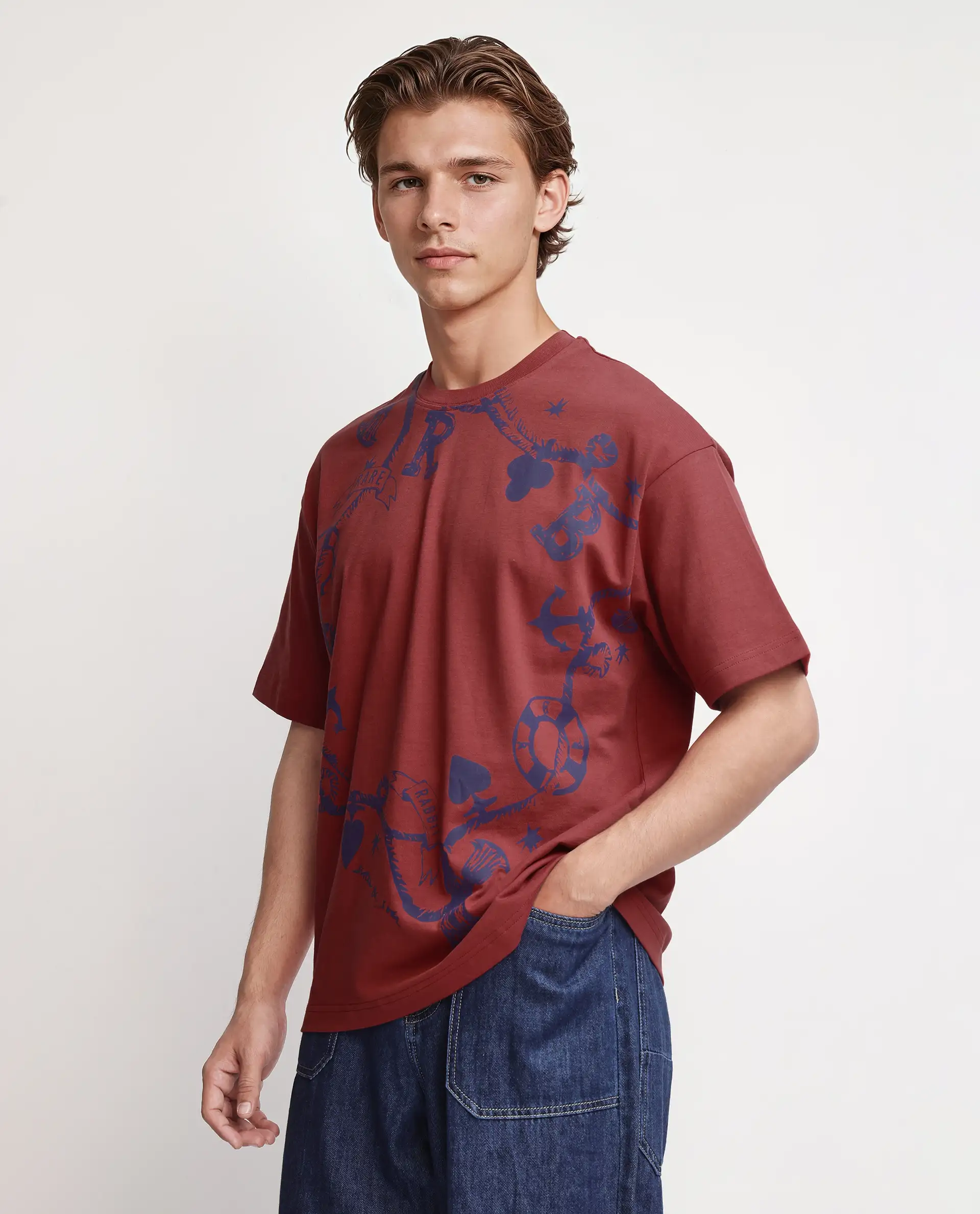 Rare Rabbit Men's Xab Pastel Red Cotton Graphic Print Oversized Fit Half Sleeve Crew Neck T-Shirt - Image 6