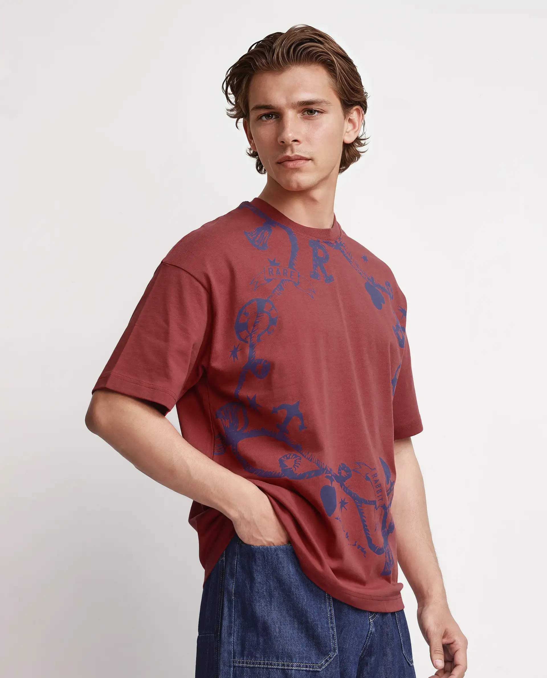 Rare Rabbit Men's Xab Pastel Red Cotton Graphic Print Oversized Fit Half Sleeve Crew Neck T-Shirt - Image 7