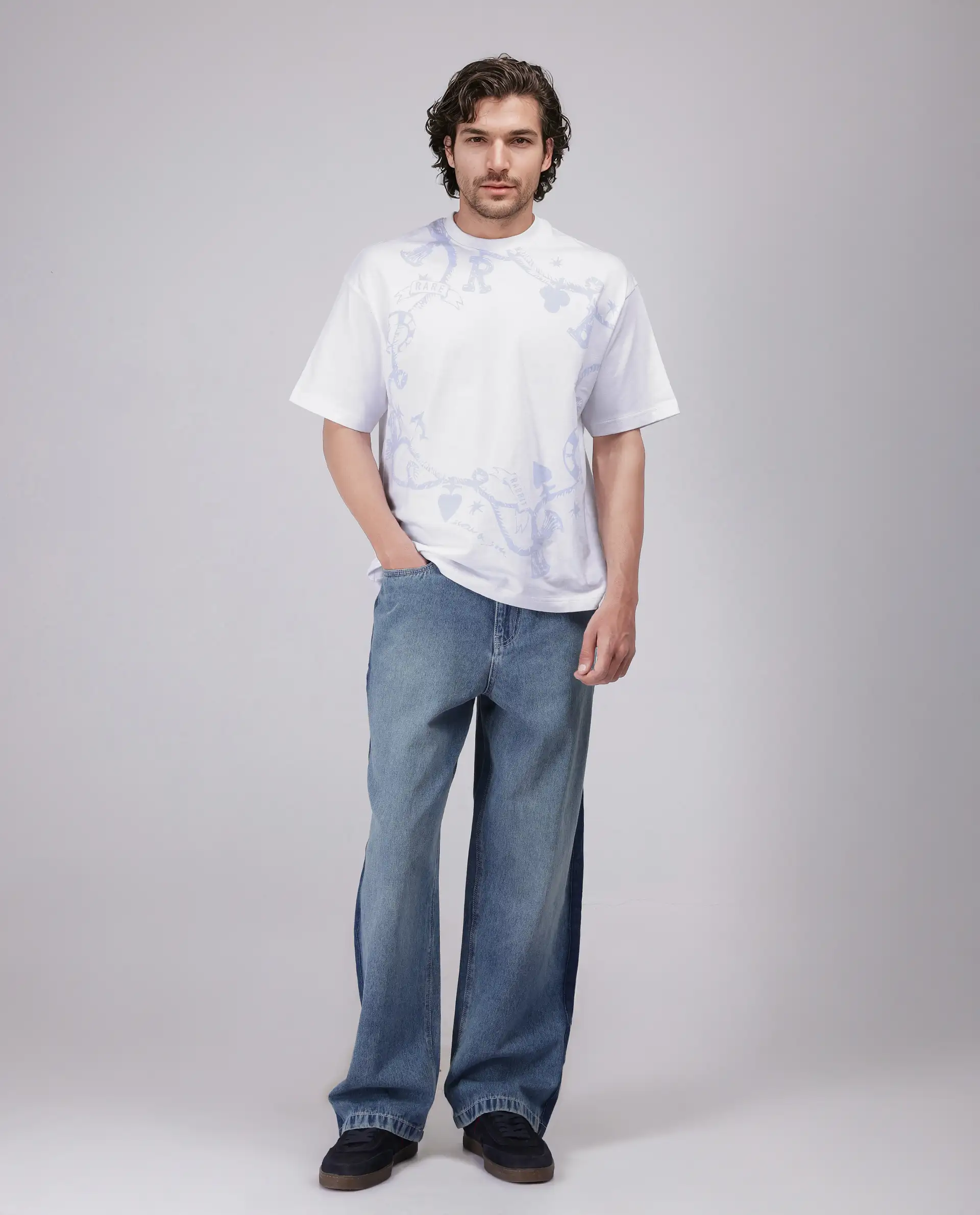 Rare Rabbit Men's Xab White Cotton Graphic Print Oversized Fit Half Sleeve Crew Neck T-Shirt - Image 2