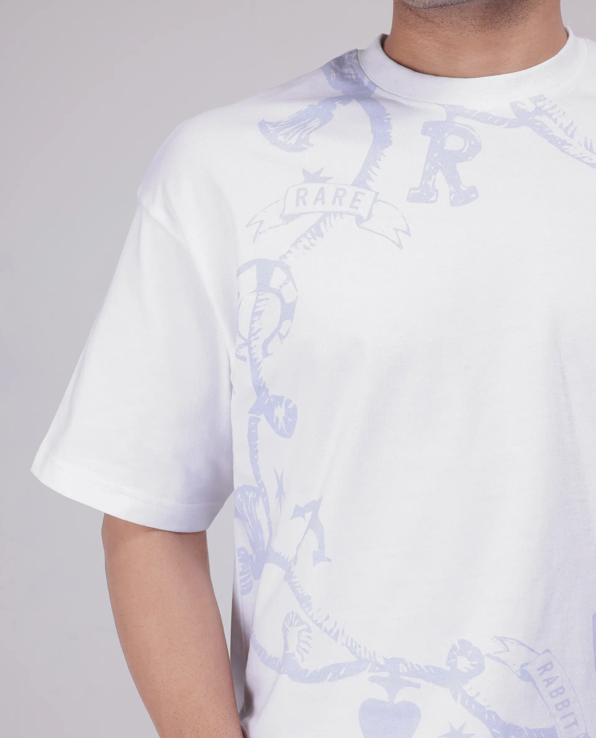 Rare Rabbit Men's Xab White Cotton Graphic Print Oversized Fit Half Sleeve Crew Neck T-Shirt - Image 3