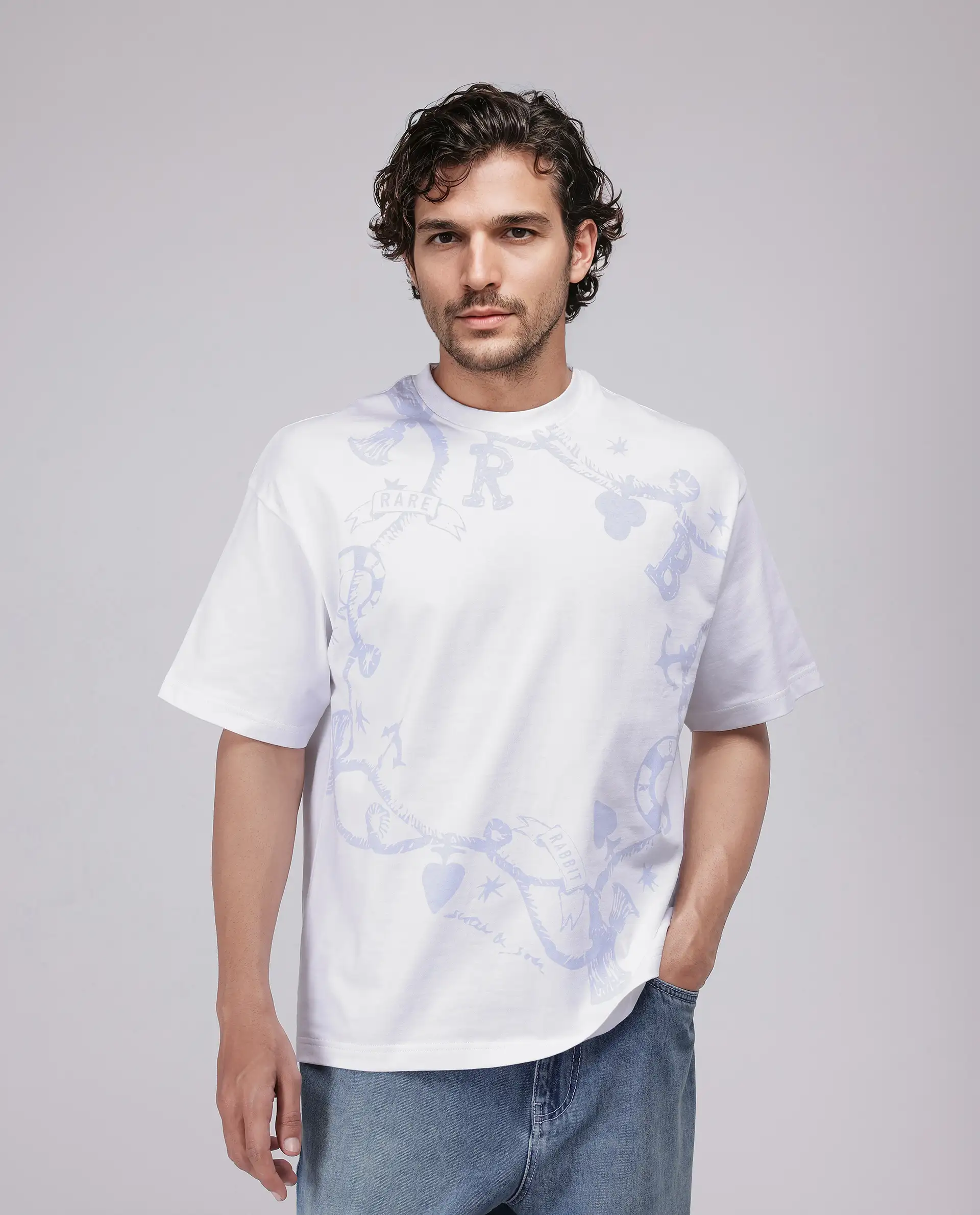 Rare Rabbit Men's Xab White Cotton Graphic Print Oversized Fit Half Sleeve Crew Neck T-Shirt - Image 5