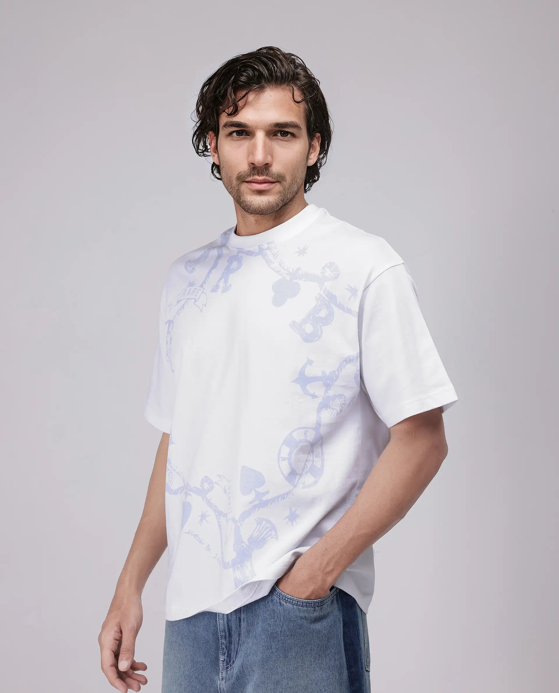 Rare Rabbit Men's Xab White Cotton Graphic Print Oversized Fit Half Sleeve Crew Neck T-Shirt - Image 6