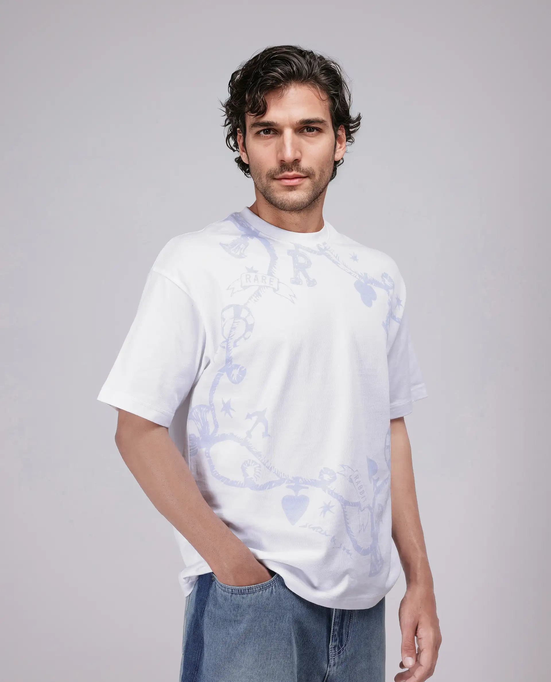 Rare Rabbit Men's Xab White Cotton Graphic Print Oversized Fit Half Sleeve Crew Neck T-Shirt - Image 7