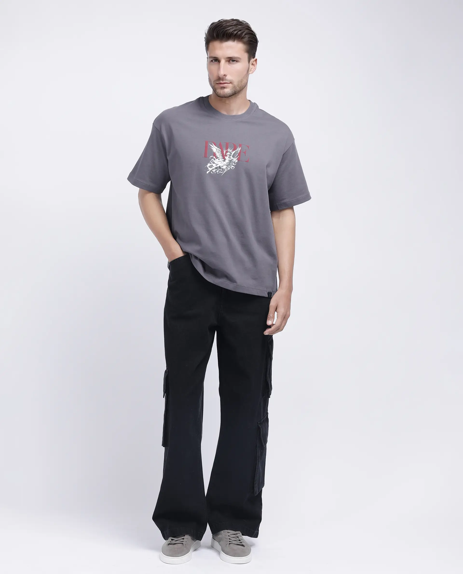 Rare Rabbit Men's Xab Dark Grey Cotton Graphic Print Oversized Fit Half Sleeve Crew Neck T-Shirt - Image 2