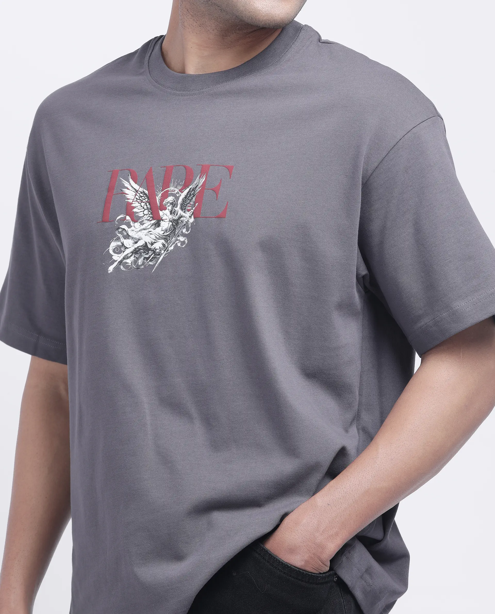 Rare Rabbit Men's Xab Dark Grey Cotton Graphic Print Oversized Fit Half Sleeve Crew Neck T-Shirt - Image 3