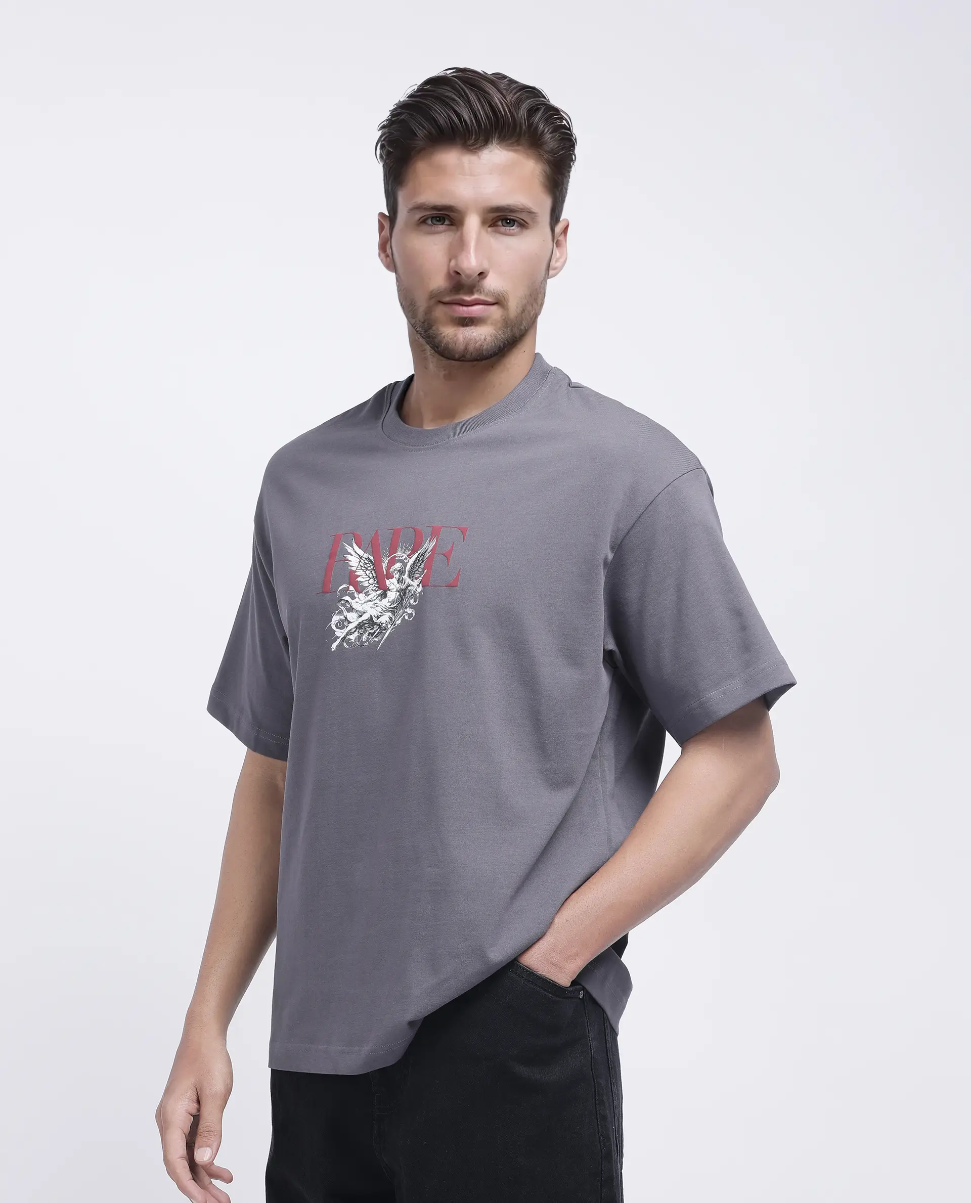 Rare Rabbit Men's Xab Dark Grey Cotton Graphic Print Oversized Fit Half Sleeve Crew Neck T-Shirt - Image 5