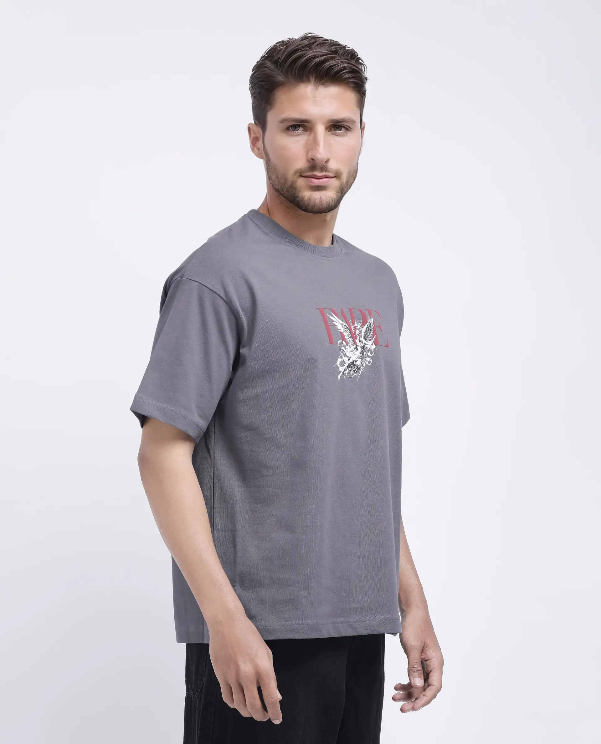 Rare Rabbit Men's Xab Dark Grey Cotton Graphic Print Oversized Fit Half Sleeve Crew Neck T-Shirt - Image 6