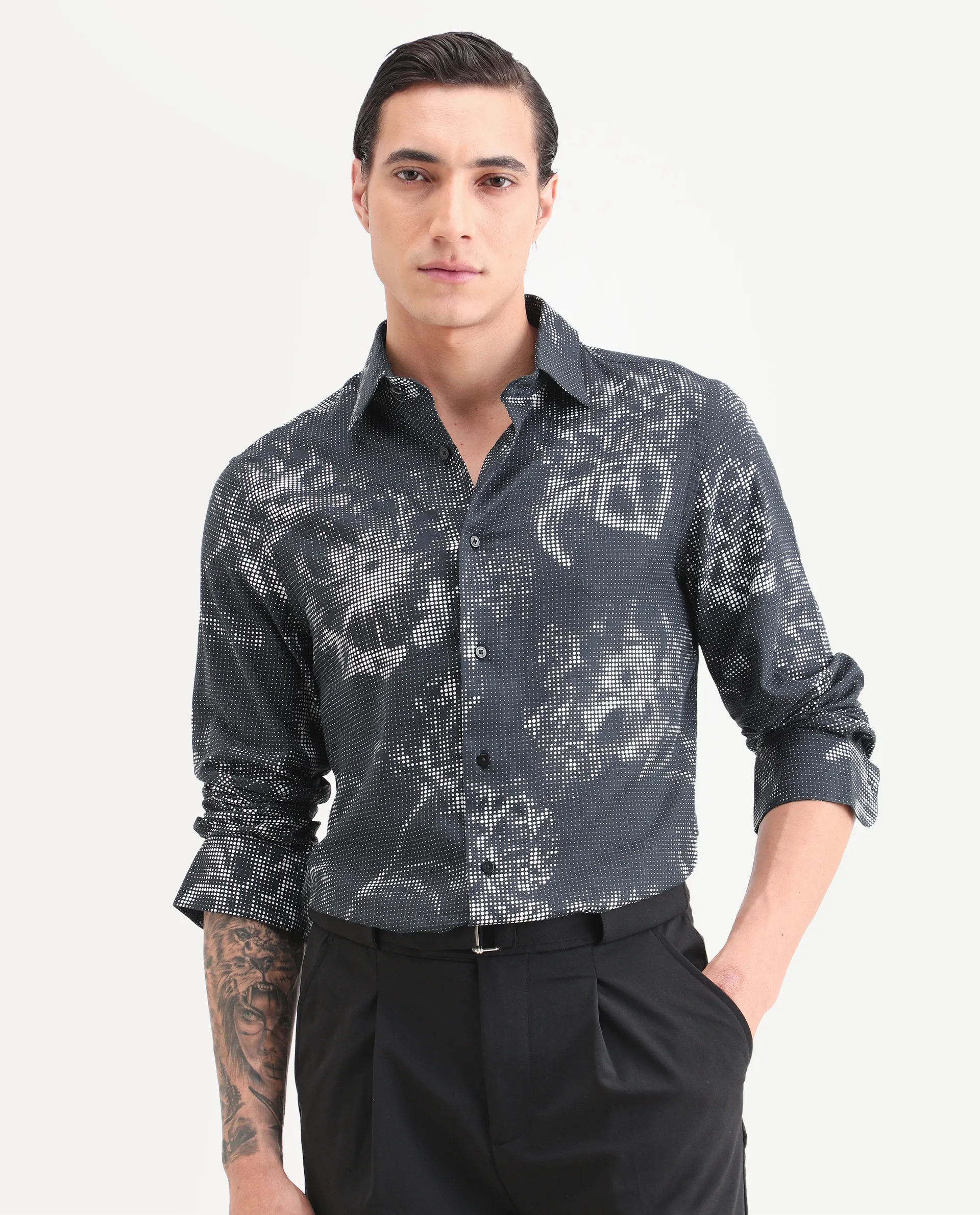 Rare Rabbit Men's Xald Black Cotton Blend Fabric Full Sleeve Spread Collar Regular Fit Floral Print Shirt - Image 4
