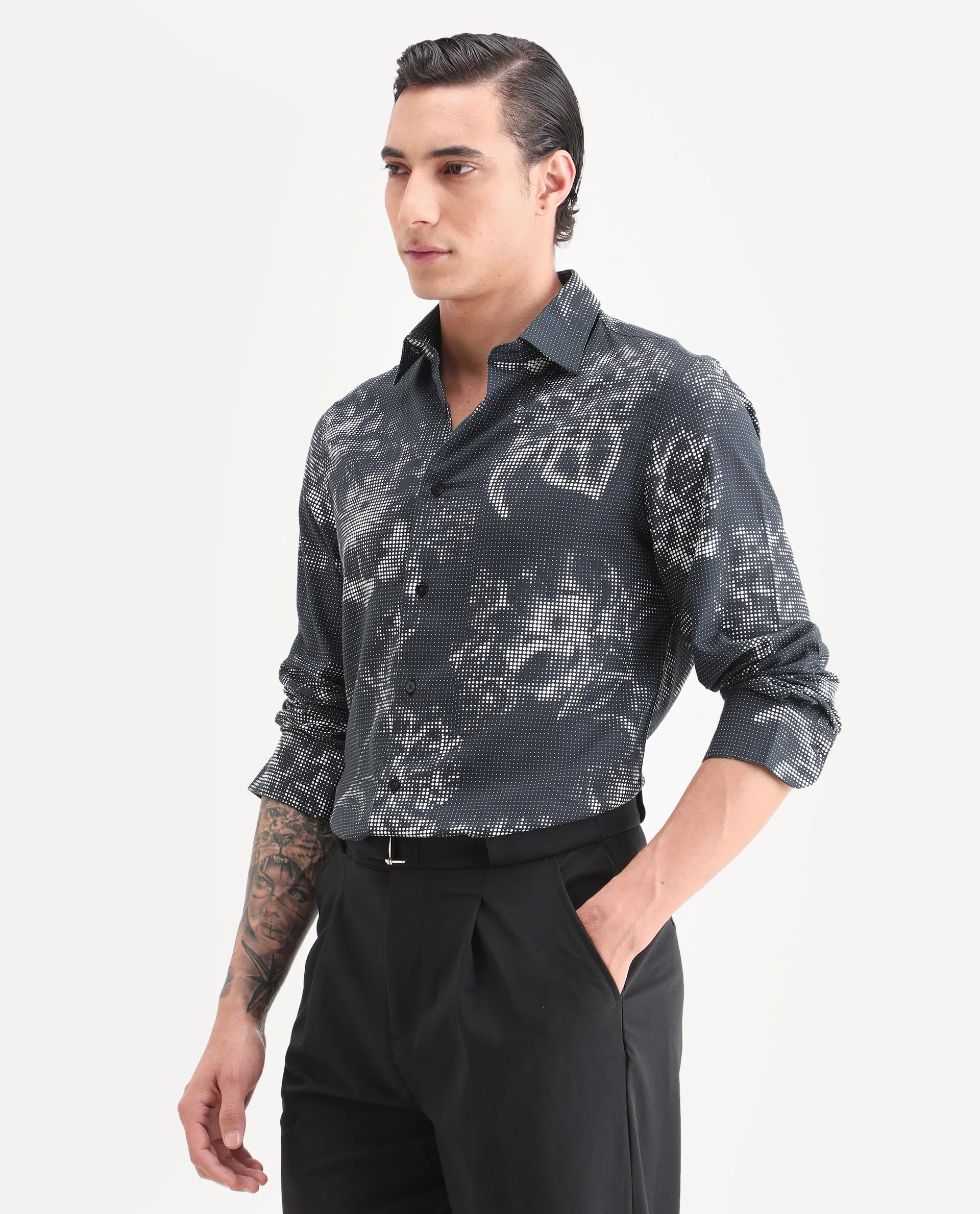 Rare Rabbit Men's Xald Black Cotton Blend Fabric Full Sleeve Spread Collar Regular Fit Floral Print Shirt - Image 5