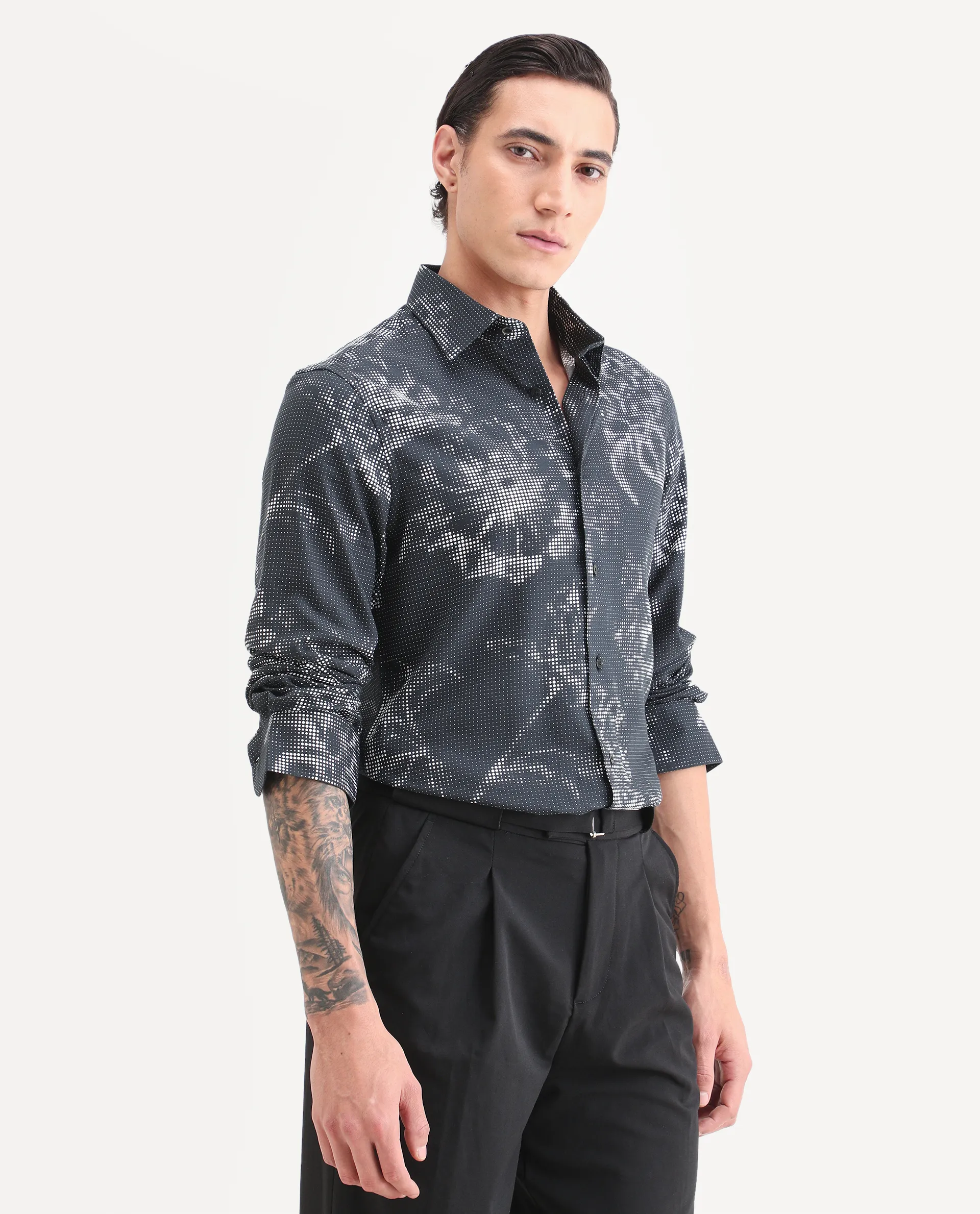 Rare Rabbit Men's Xald Black Cotton Blend Fabric Full Sleeve Spread Collar Regular Fit Floral Print Shirt - Image 6