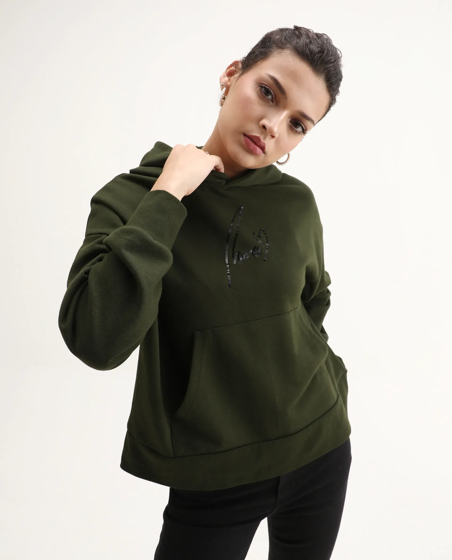 Rareism Women's Xan Dark Olive Cotton Blend Hooded Relaxed Fit Printed Sweatshirt - Image 2