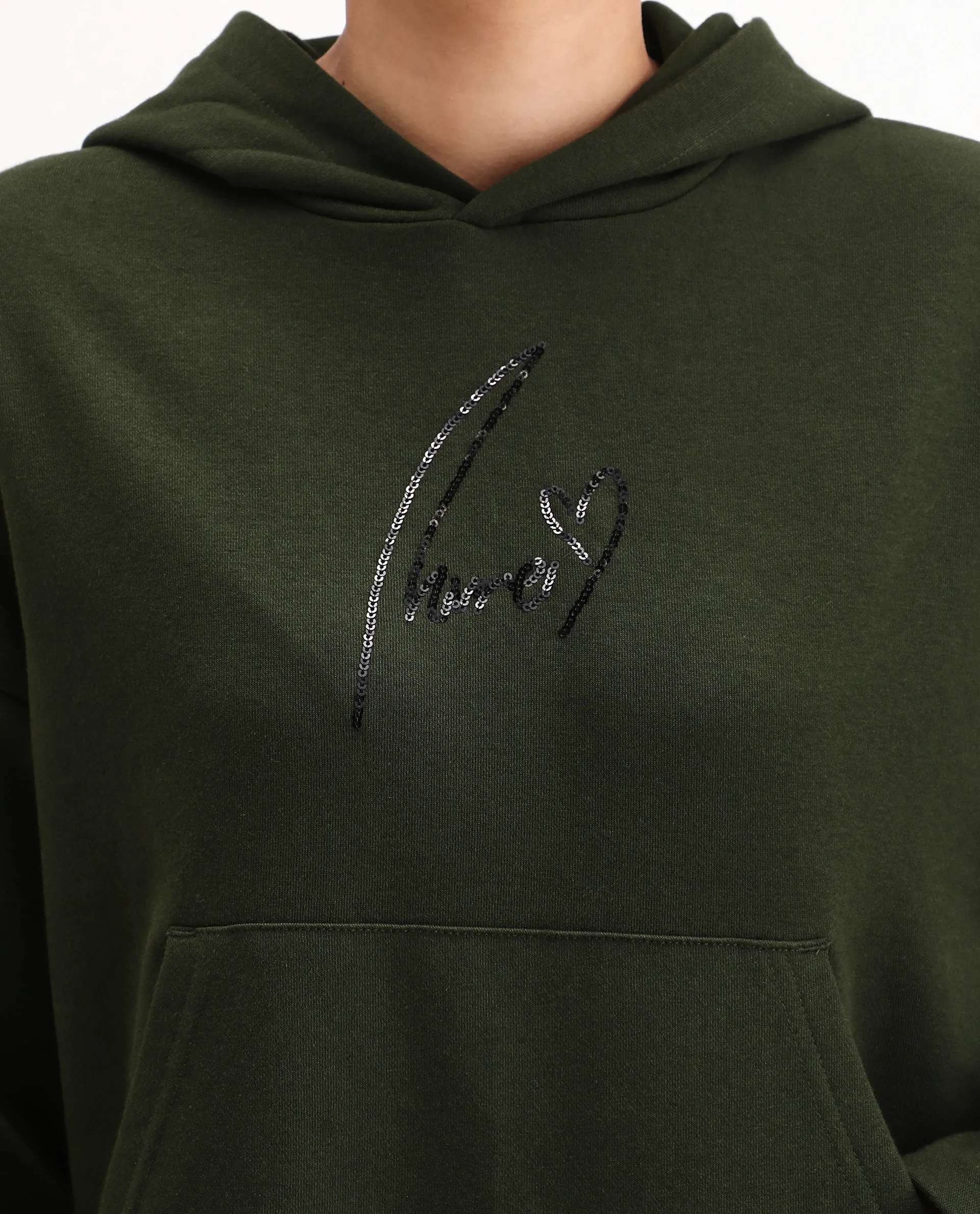 Rareism Women's Xan Dark Olive Cotton Blend Hooded Relaxed Fit Printed Sweatshirt - Image 3