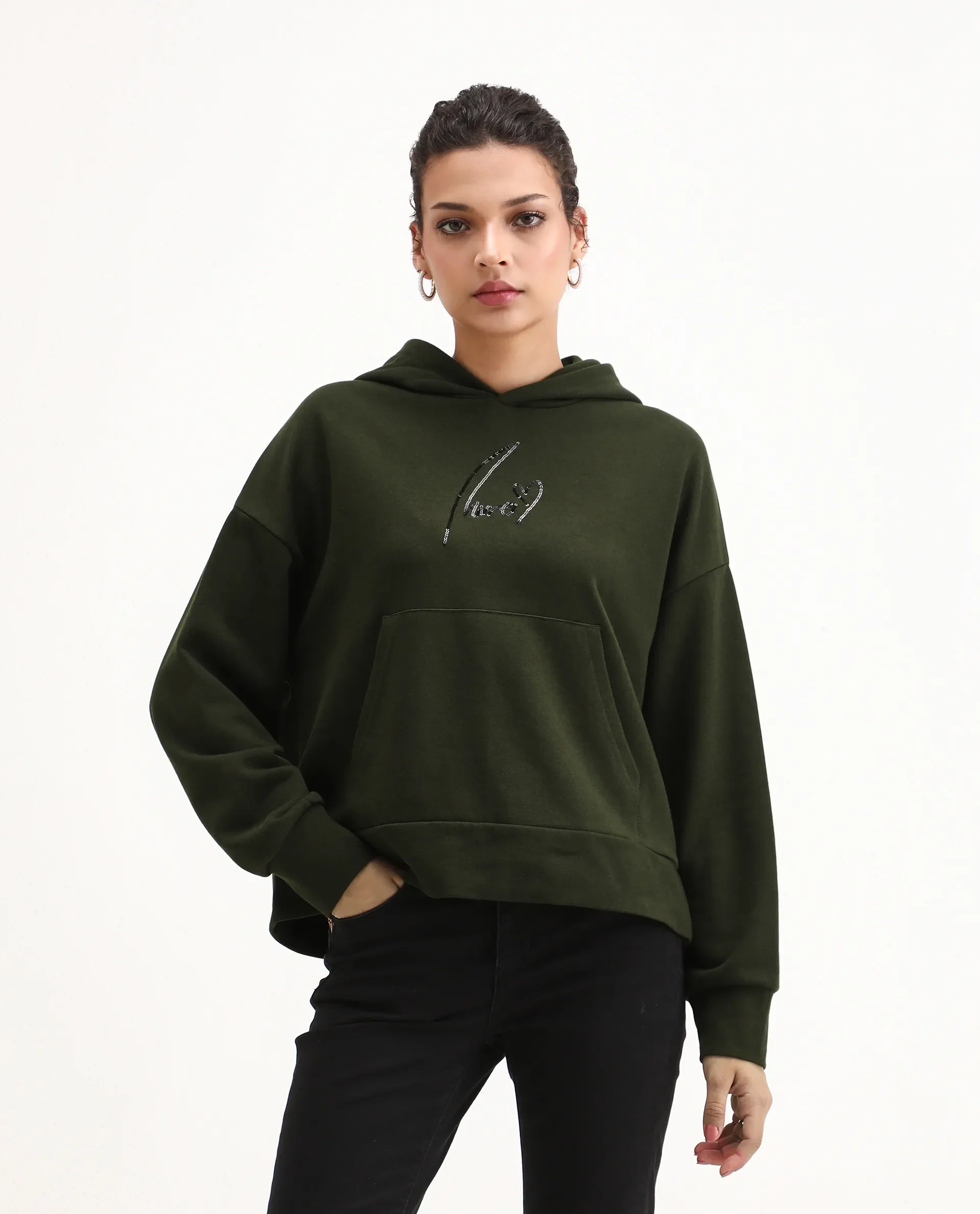 Rareism Women's Xan Dark Olive Cotton Blend Hooded Relaxed Fit Printed Sweatshirt - Image 4