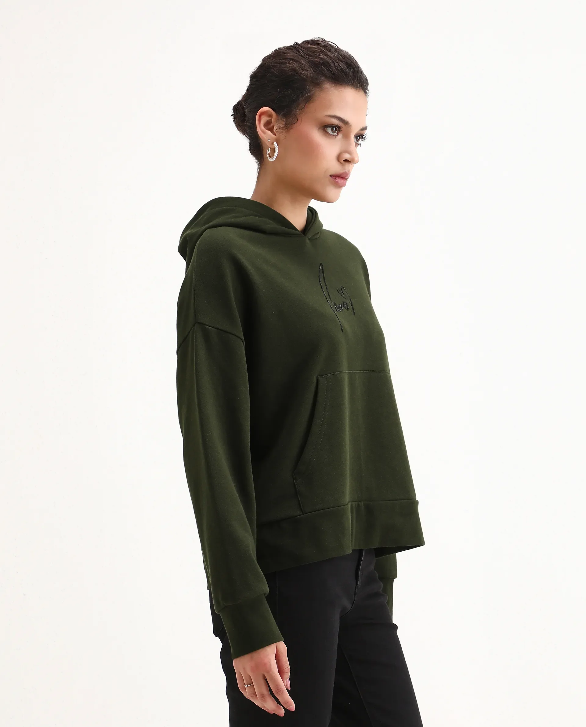 Rareism Women's Xan Dark Olive Cotton Blend Hooded Relaxed Fit Printed Sweatshirt - Image 5