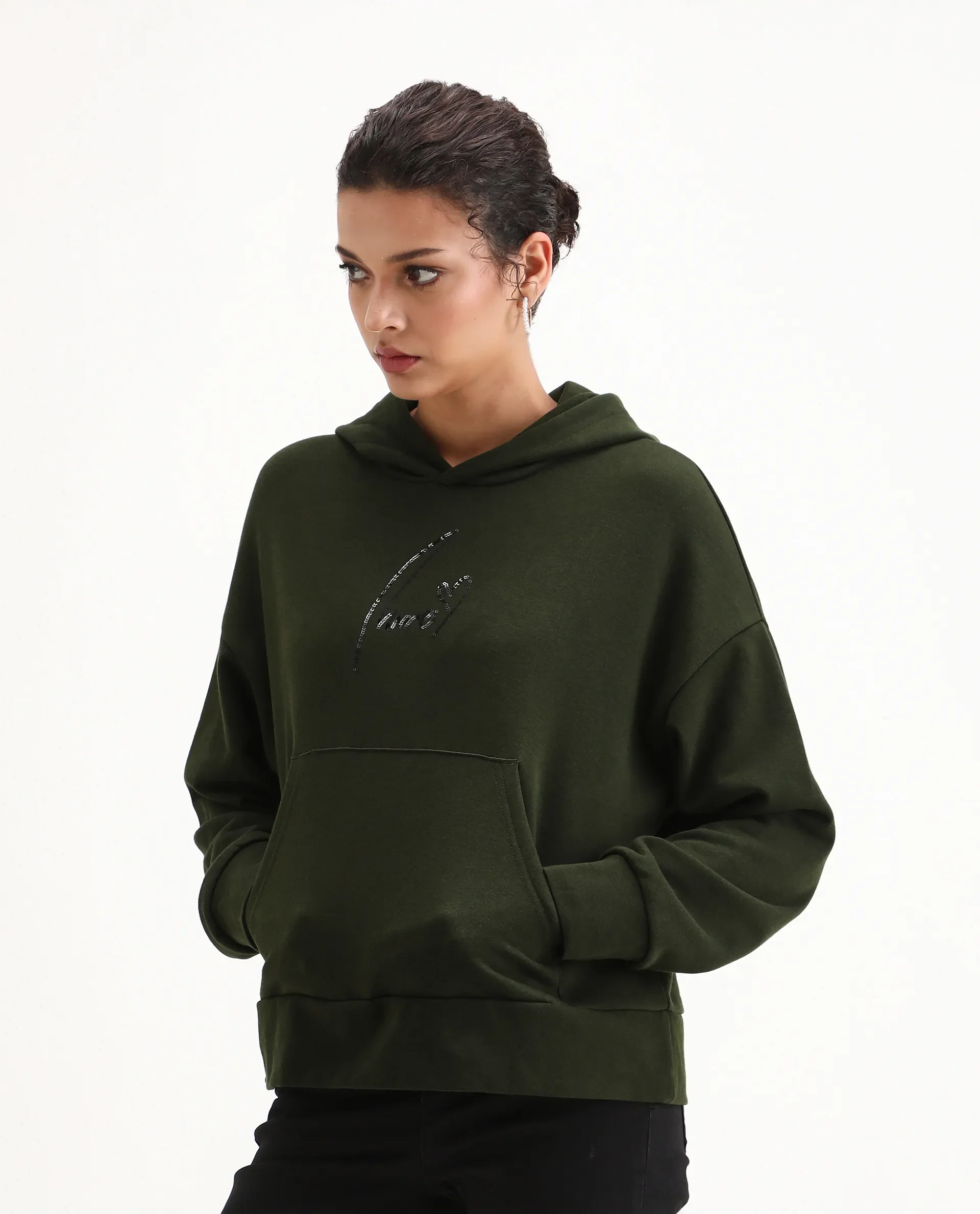 Rareism Women's Xan Dark Olive Cotton Blend Hooded Relaxed Fit Printed Sweatshirt - Image 6
