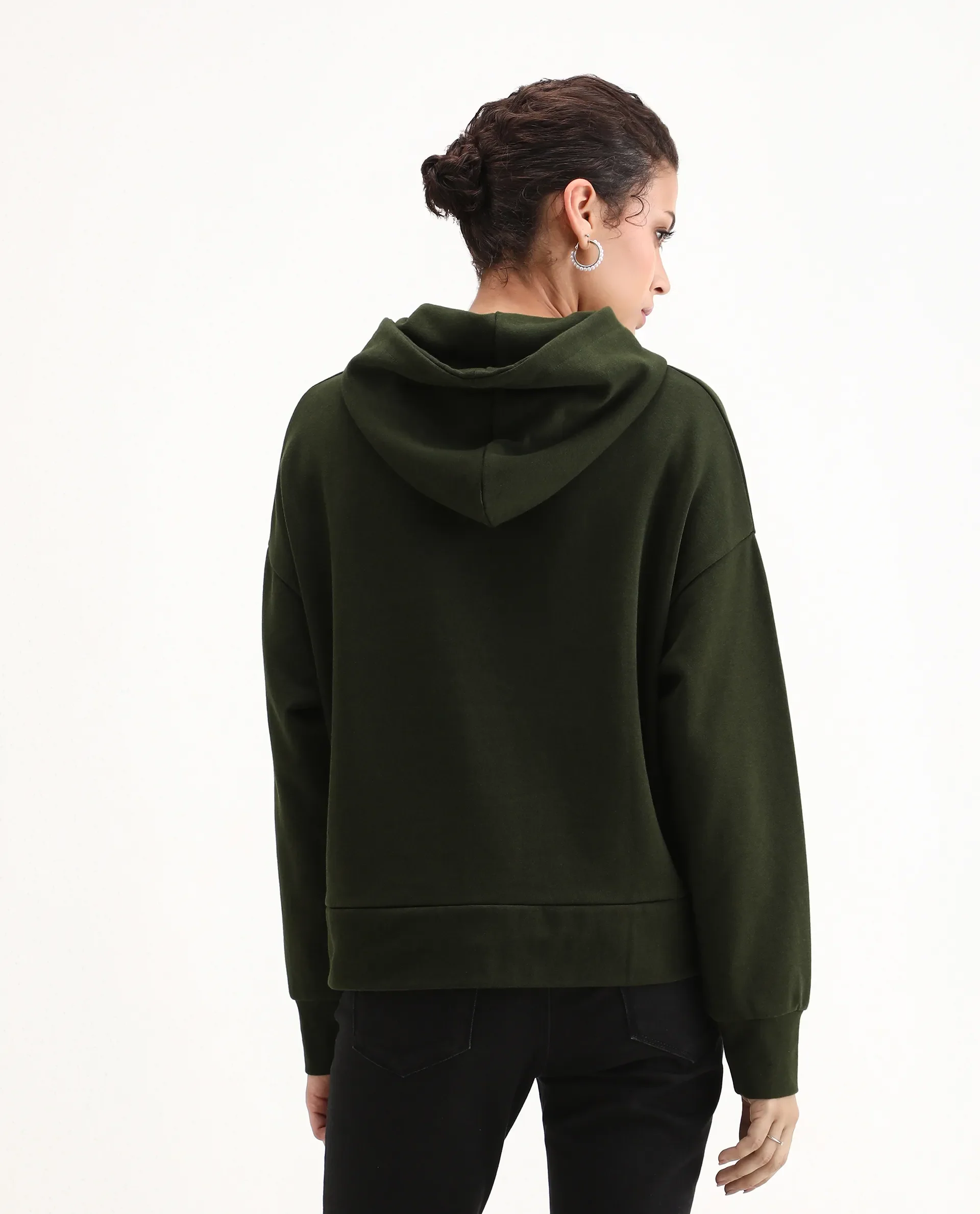 Rareism Women's Xan Dark Olive Cotton Blend Hooded Relaxed Fit Printed Sweatshirt - Image 7