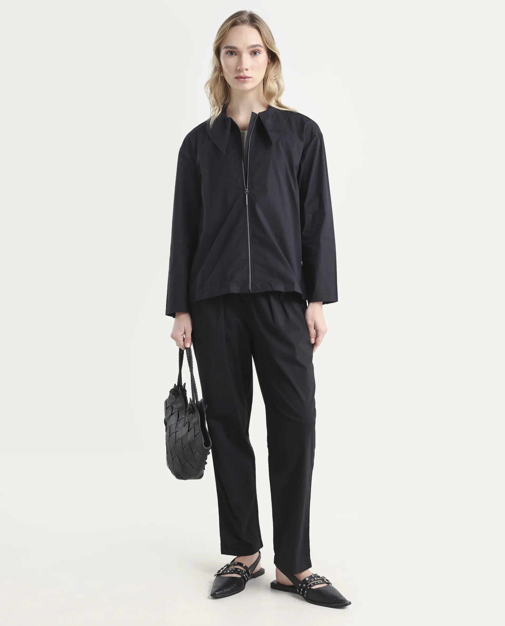 Rareism Women's Xan Black Cotton Spread Collar Plain Regular Fit Top - Image 2